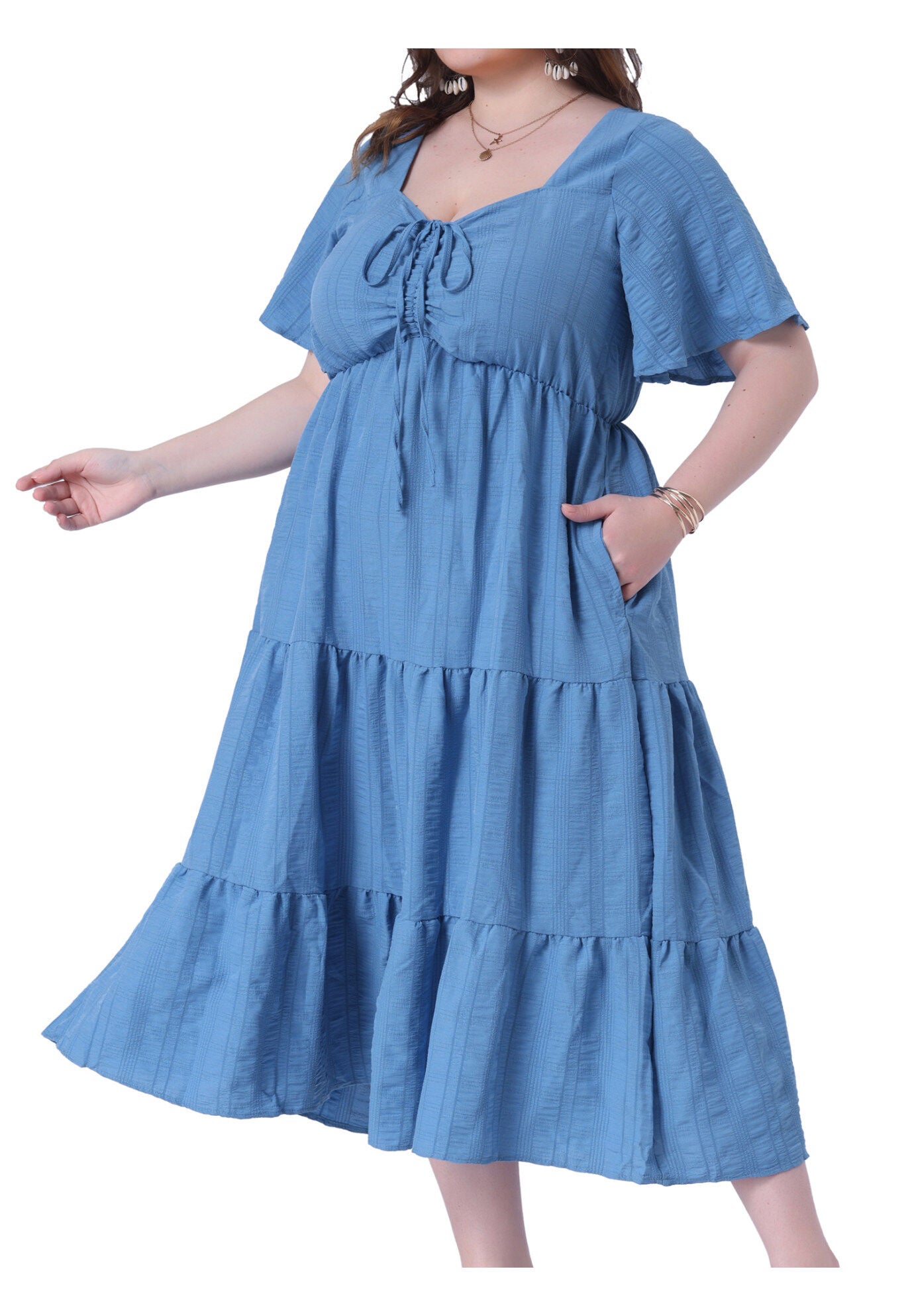 Short Sleeve Flowy A Line Tiered Long Dresses, Blue / Dusty Blue, alternate image number 1