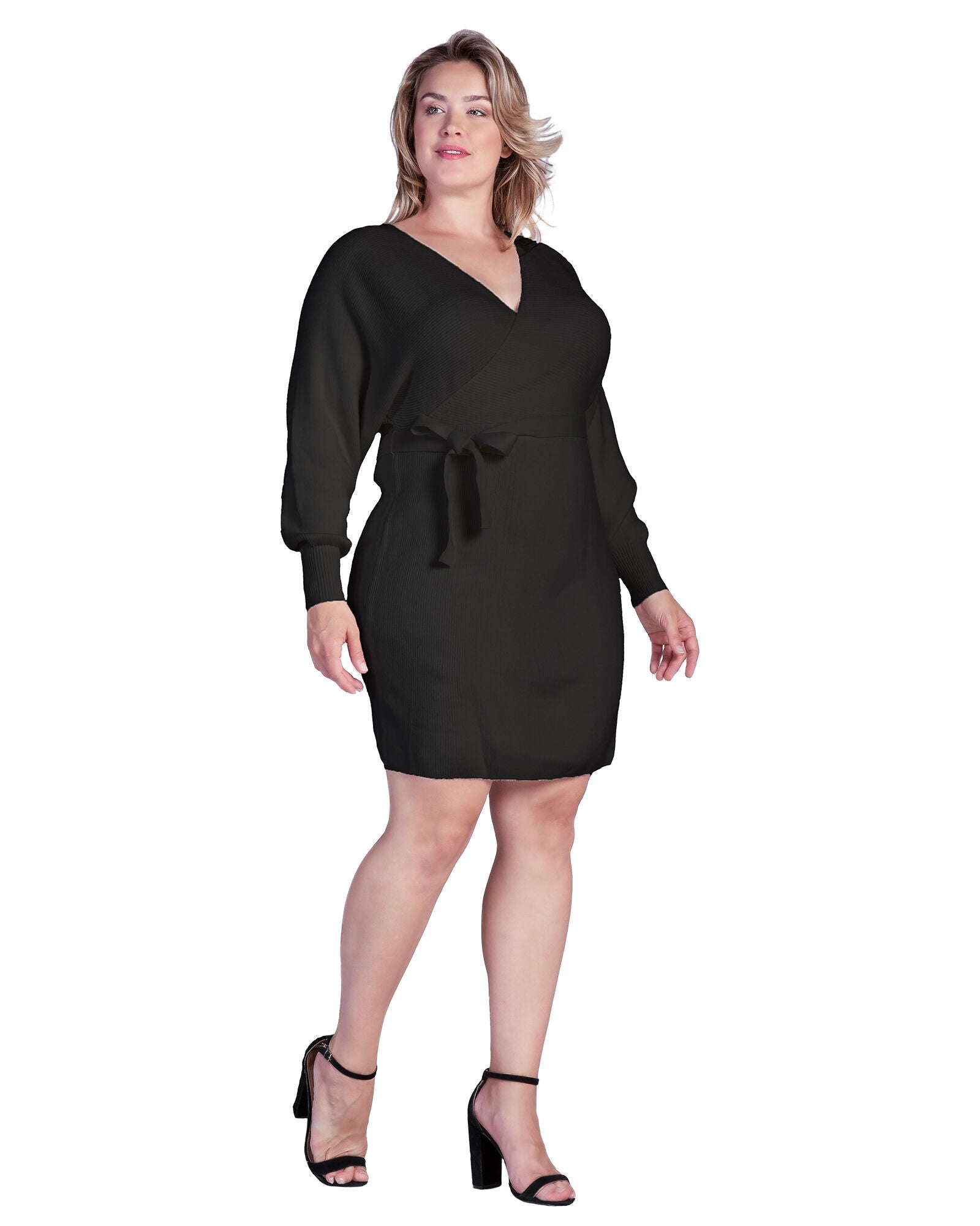 Women&#39;s Plus Size V-Back Full Sleeve Sweater Knit Mini Dress, Black / Black, alternate image number 1