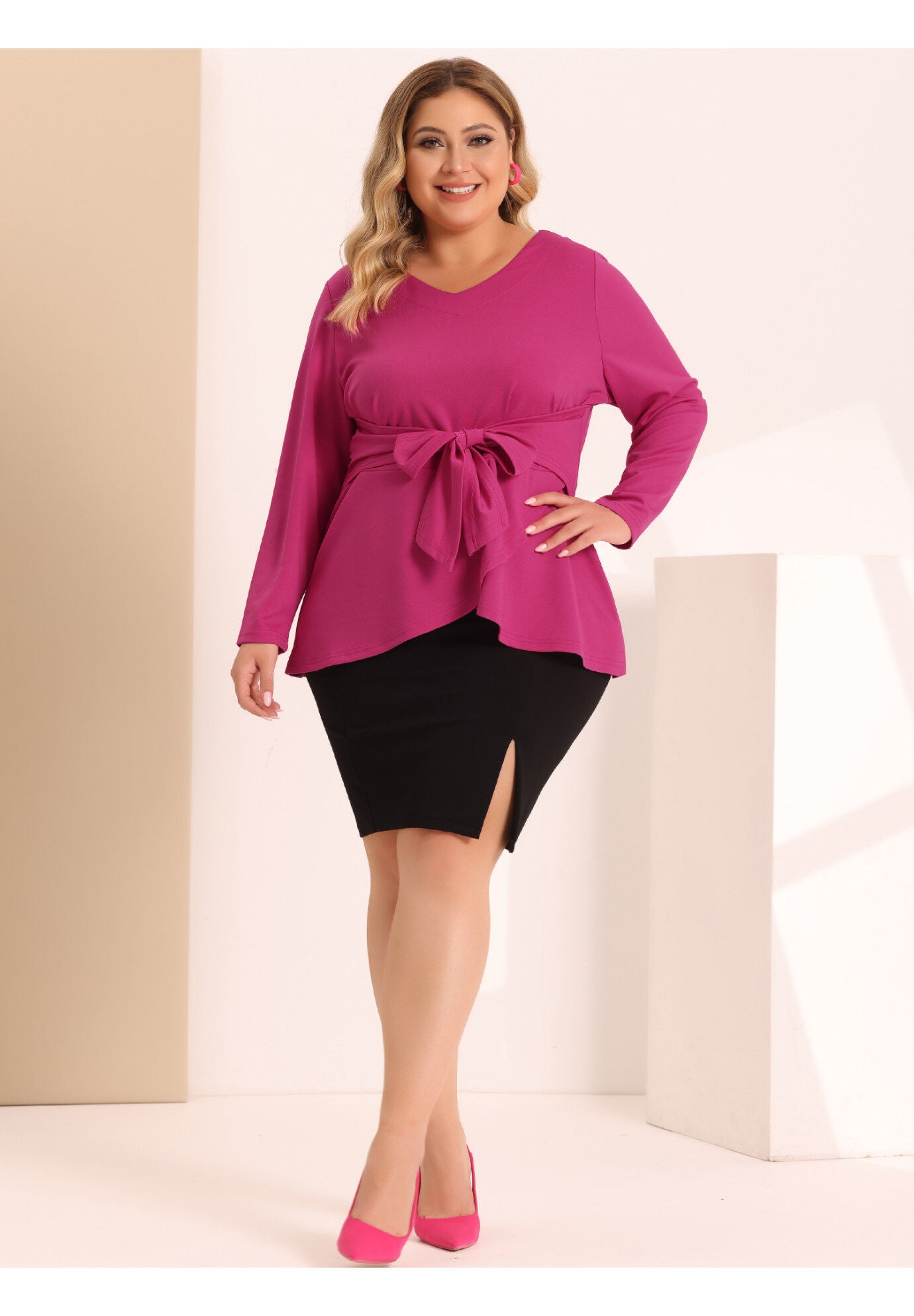 V Neck Knit Belted Knot Tie Work Top Blouse, Hot Pink / Deep Fuchsia, hi-res image number 0