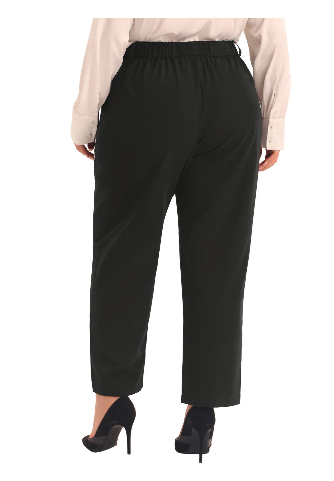ELASTIC HIGH WAISTED LONG STRAIGHT BUSINESS CASUAL TROUSERS, Black / Black, alternate image number 3