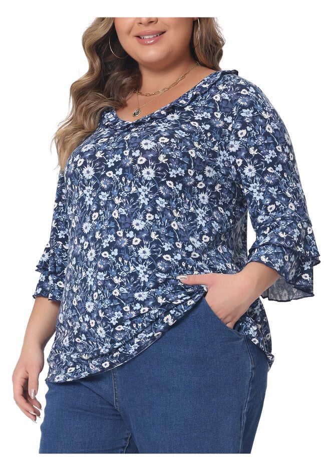 Floral Print V Neck Tiered Ruffle Bell Sleeve Blouse Top, Navy Blue / Navy, alternate image number 1
