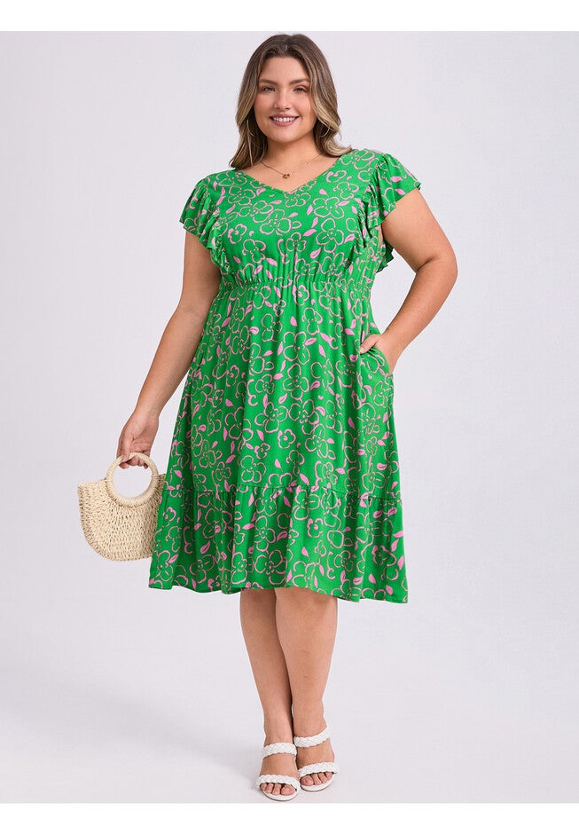 Floral Print V Neck Ruffle Sleeve Elastic Waist Ruffled Hem Knee Length Dress with Pockets, Green / Kelly Green, alternate image number 1