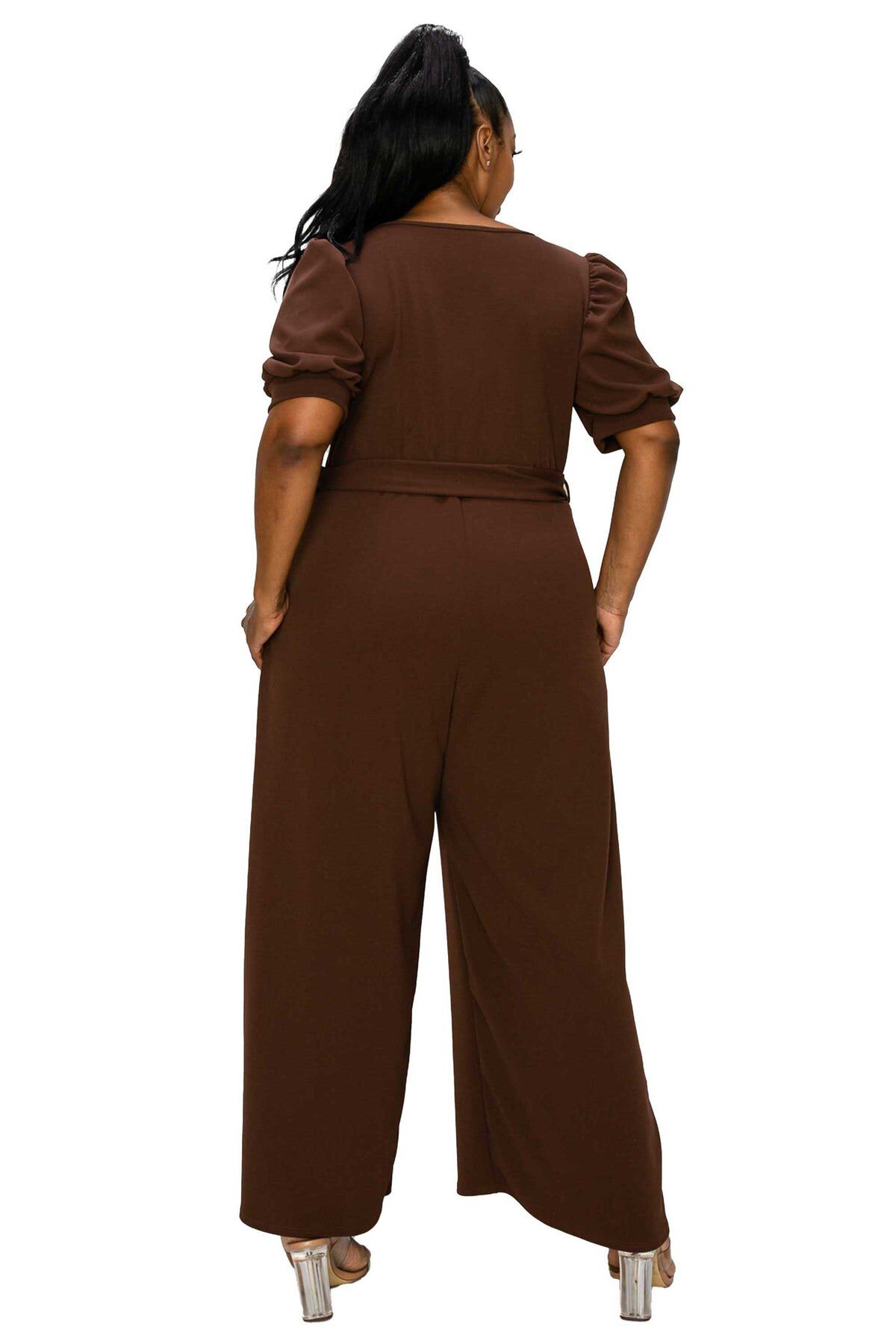 IRIS SURPLICE BELTED POCKET JUMPSUIT, Brown / Brown, alternate image number 2