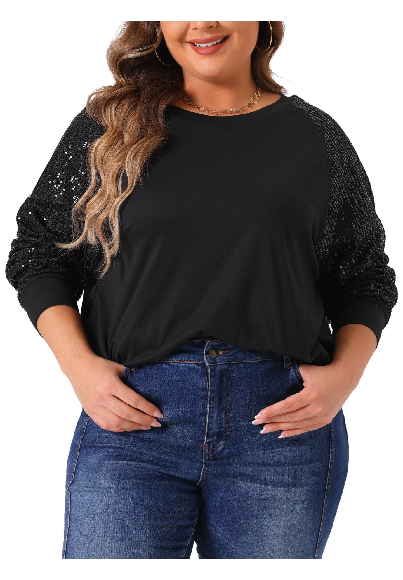 Long Sleeve Shimmer Glitter Sparkle Sequin Top, Black / Black, alternate image number 1