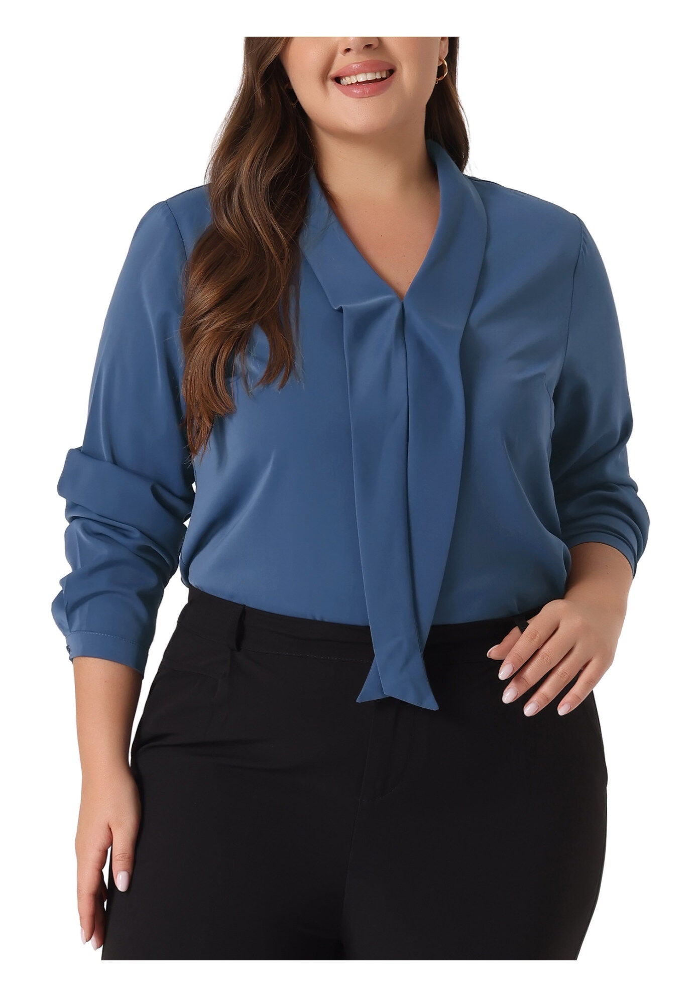 Long Sleeve Tie V Neck Chiffon Blouse, Blue / Navy, alternate image number 2