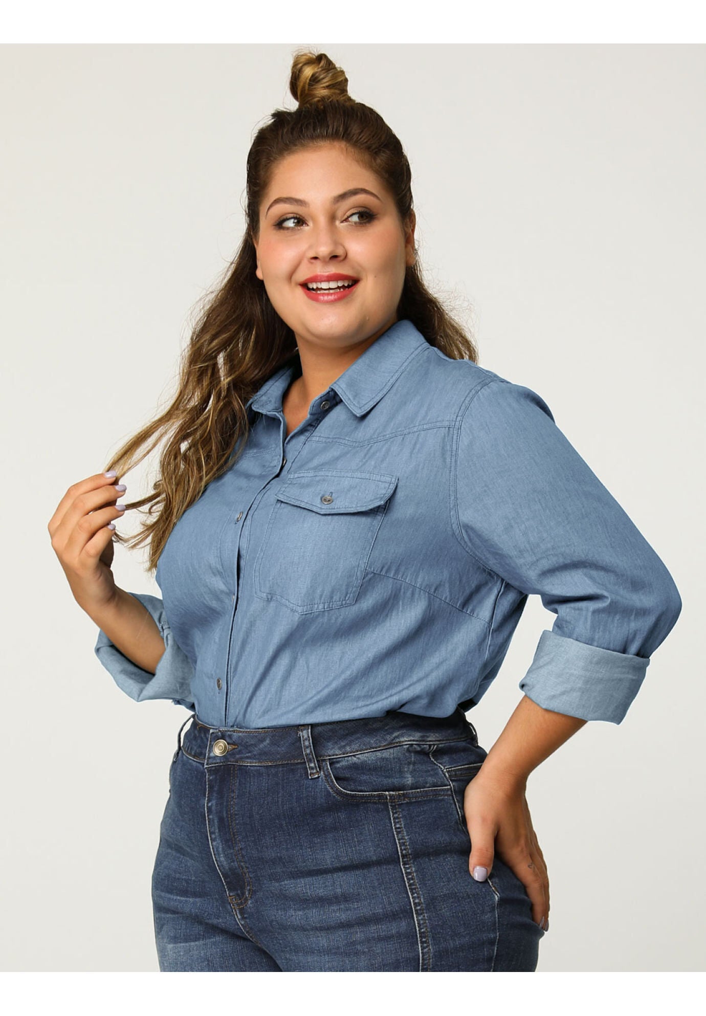 LONG SLEEVE CHEST POCKET DENIM CHAMBRAY SHIRT, Light Blue / Light Blue, alternate image number 1