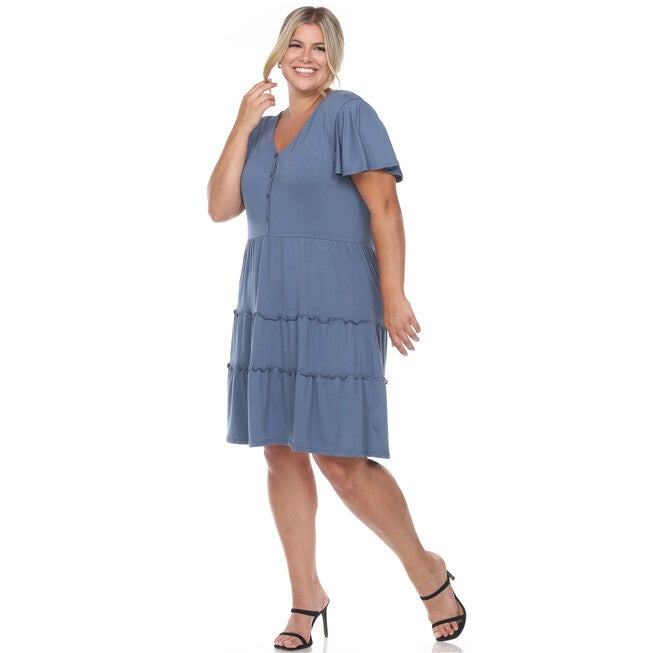 Short Sleeve V-neck Tiered Midi Dress, Blue / Light Blue, alternate image number 2