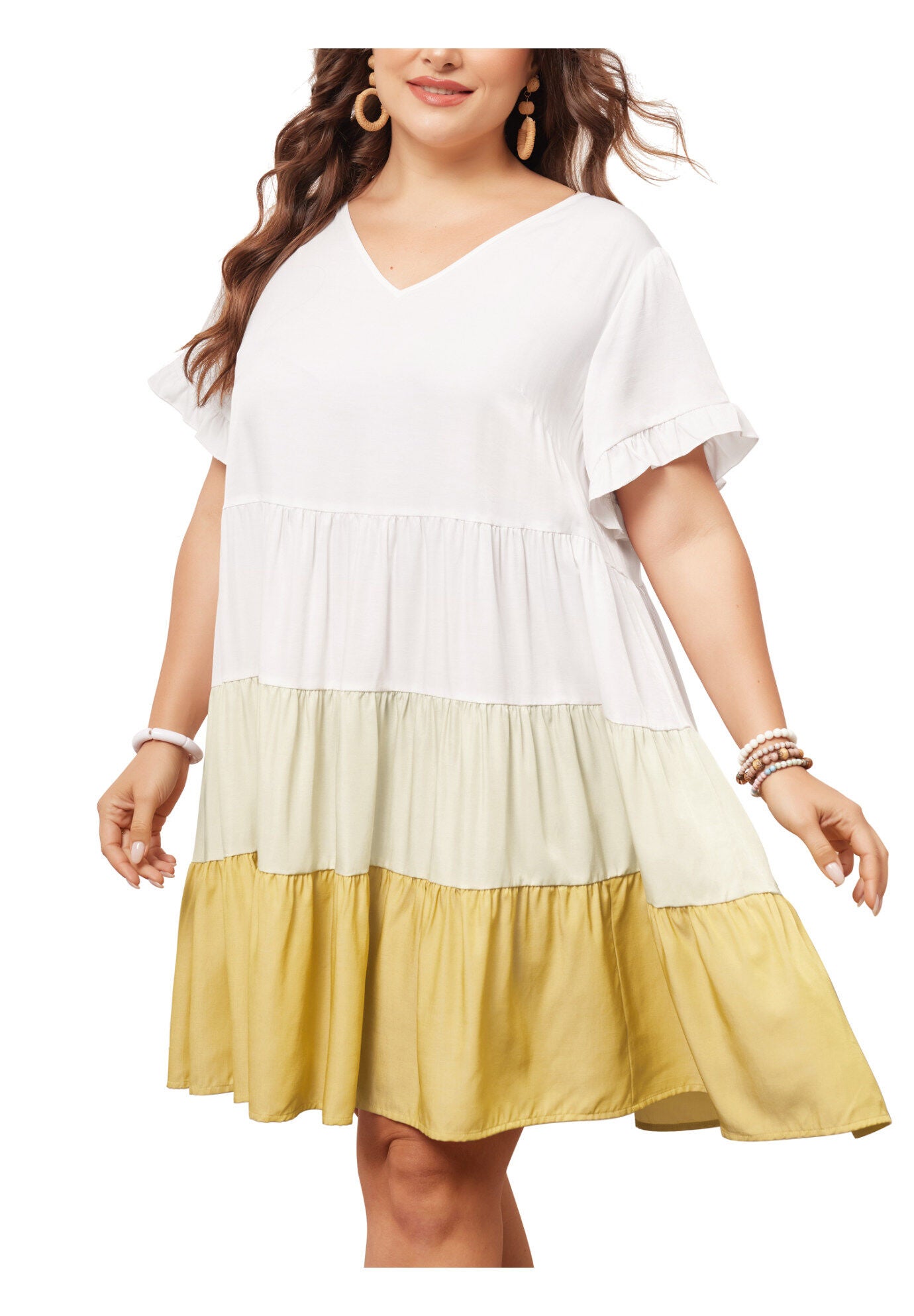 Babydoll Ruffle Short Sleeve Chambray Mini Dress, Yellow / Yellow, alternate image number 2