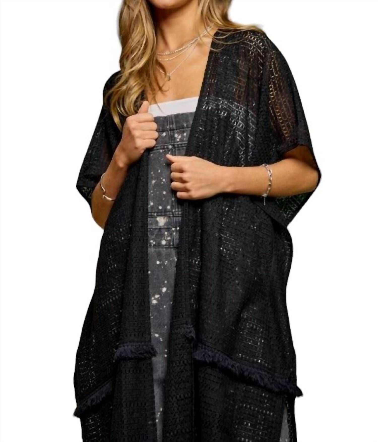 SQUARE-LACE FRINGE TRIM DETAIL OPEN FRONT KIMONO IN BLACK, Black / Black, hi-res image number 0