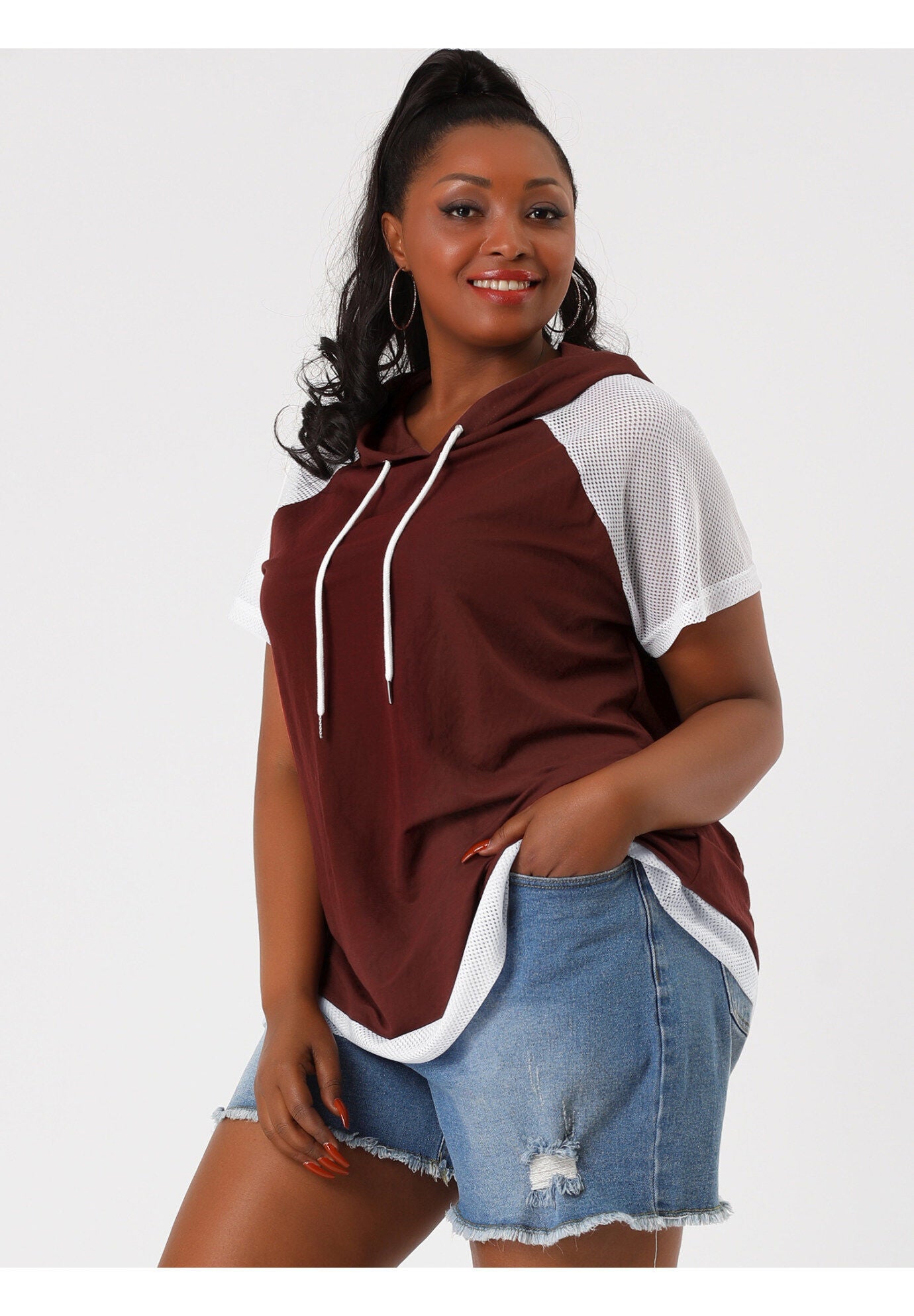 SHORT SLEEVES DRAWSTRING LOOSE RAGLAN HOODIE TOP, Burgundy / Red, alternate image number 3