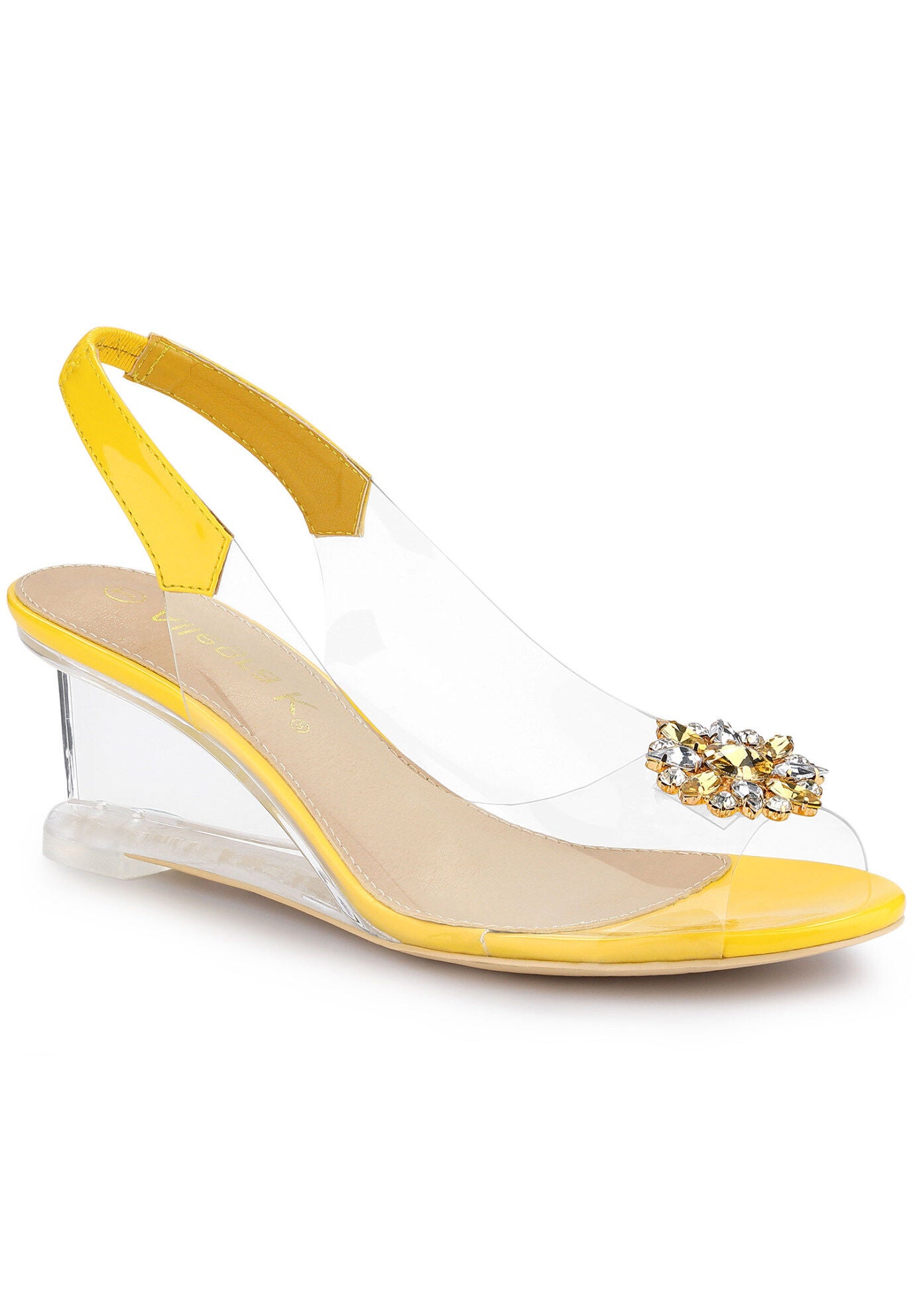 Clear Slingback Wedges Rhinestone Transparent Peep Toe Heels, Yellow / Yellow, hi-res image number 0