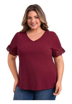 Eyelet Embroidered Lace Short Sleeve Blouse V Neck Top