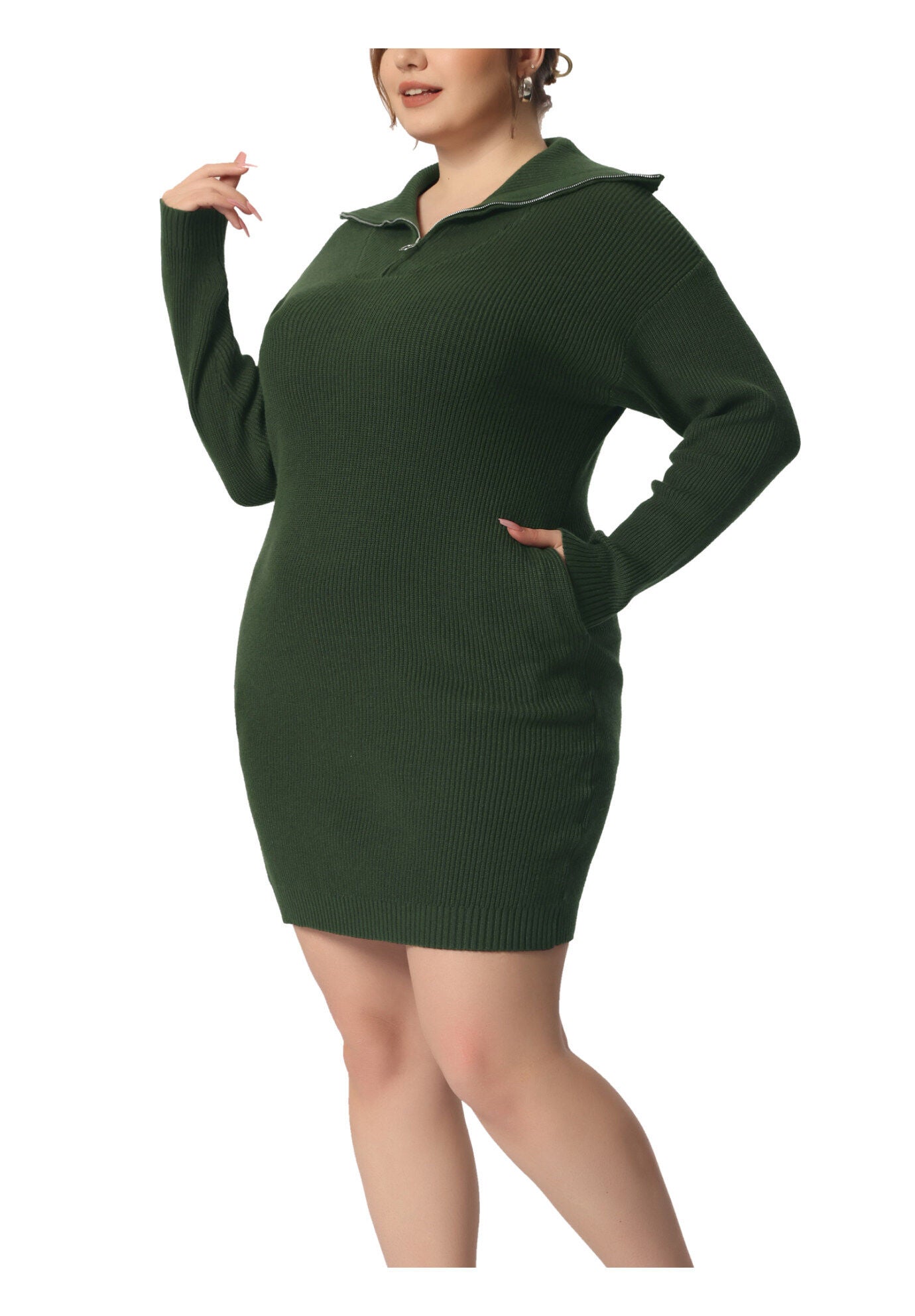 Knit Foldover Collar Loose Pullover Jumper Sweater, Army Green / Olive Green, alternate image number 2