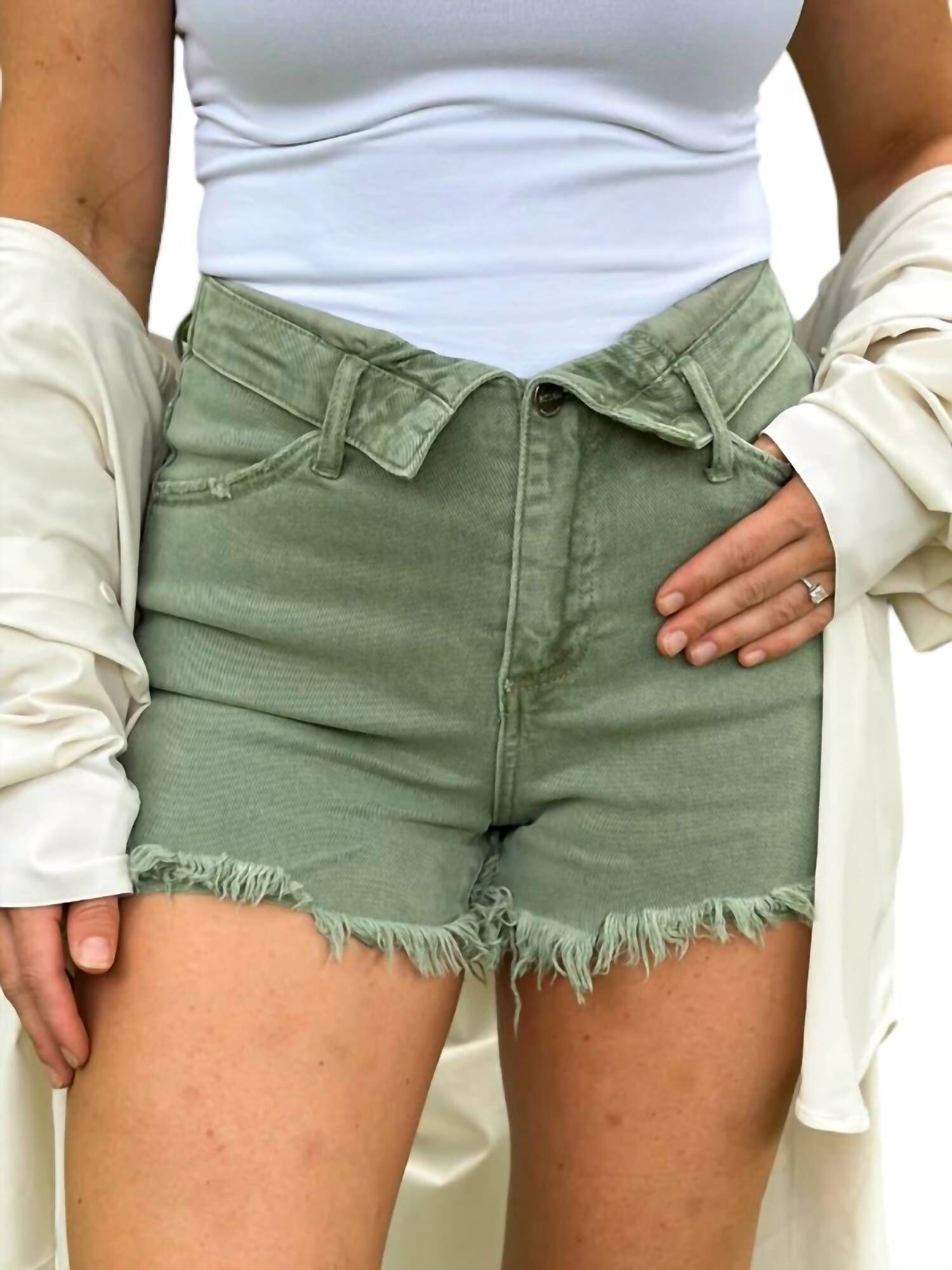 High Rise Folded Waist Shorts, Green / Light Green, alternate image number 3