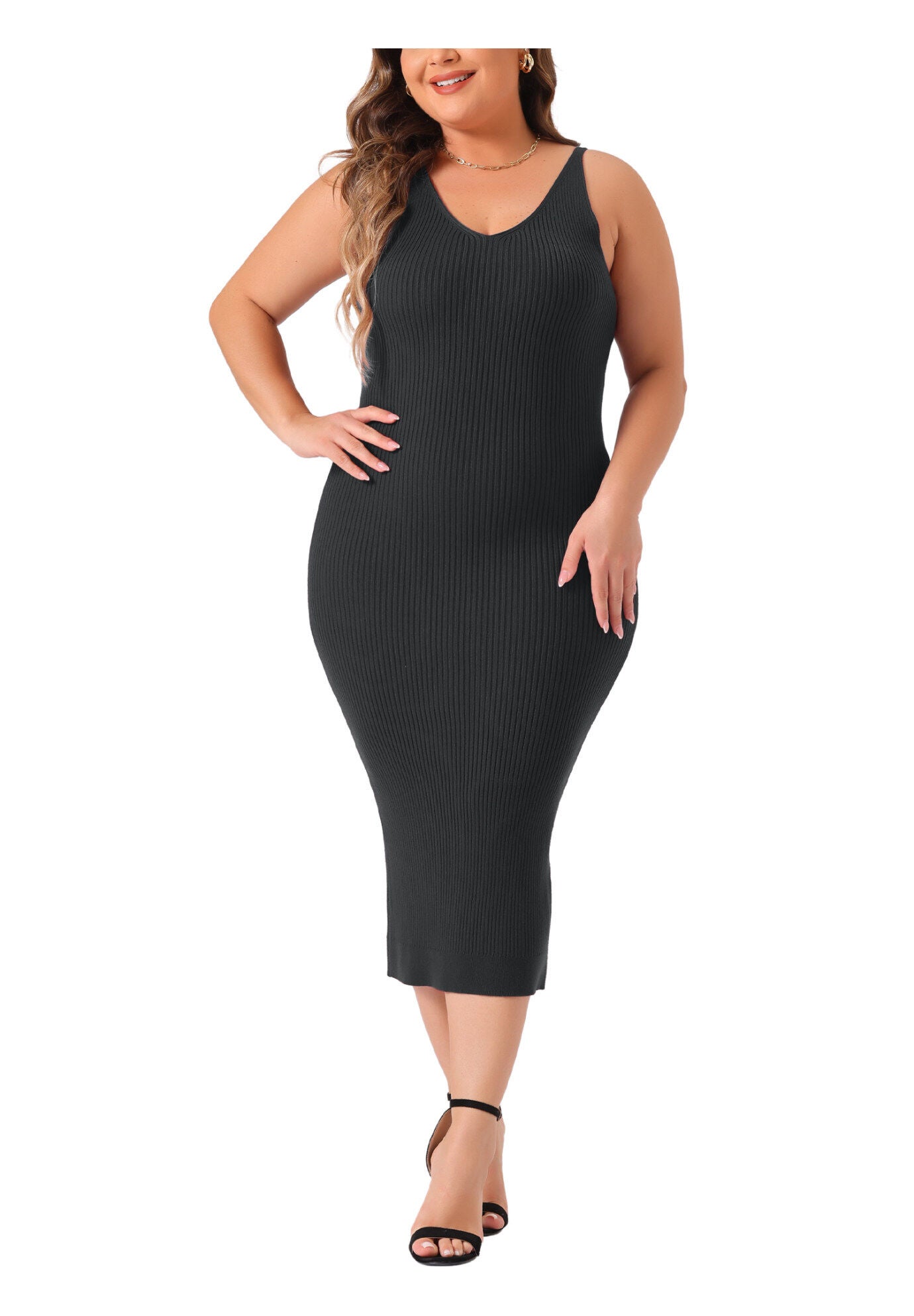 Sleeveless V Neck Ribbed Knit Bodycon Midi Sweater Cami Dress, Black / Black, alternate image number 2