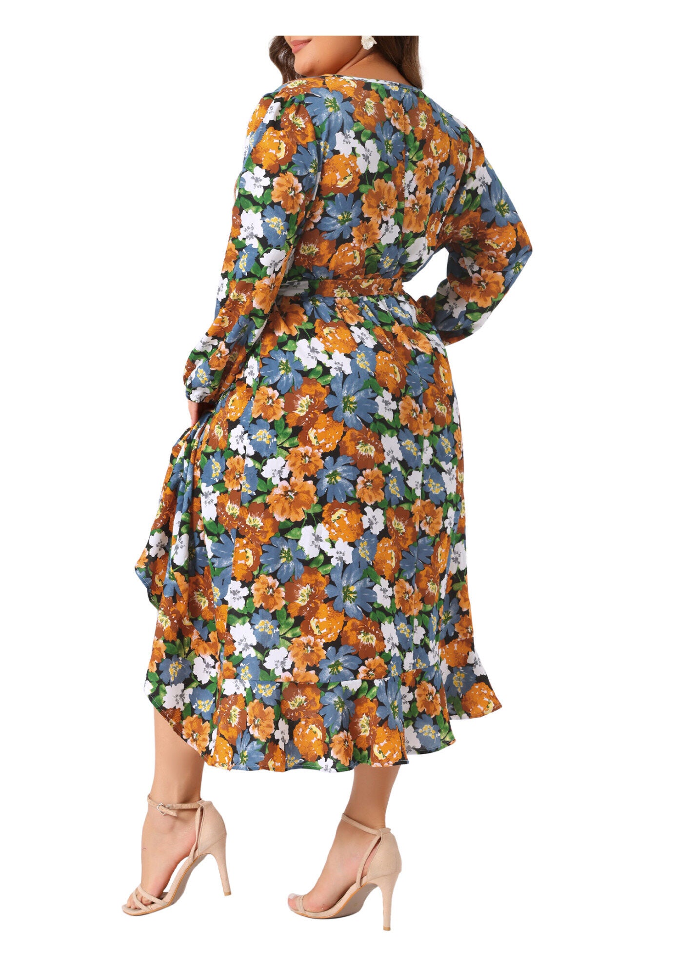 V Neck Long Sleeve Ruffle Chiffon Flowy Floral Maxi Dress with Belt, Black / Black, alternate image number 3