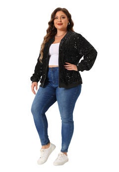 SEQUIN SPARKLE FRONT ZIP BOMBER JACKET