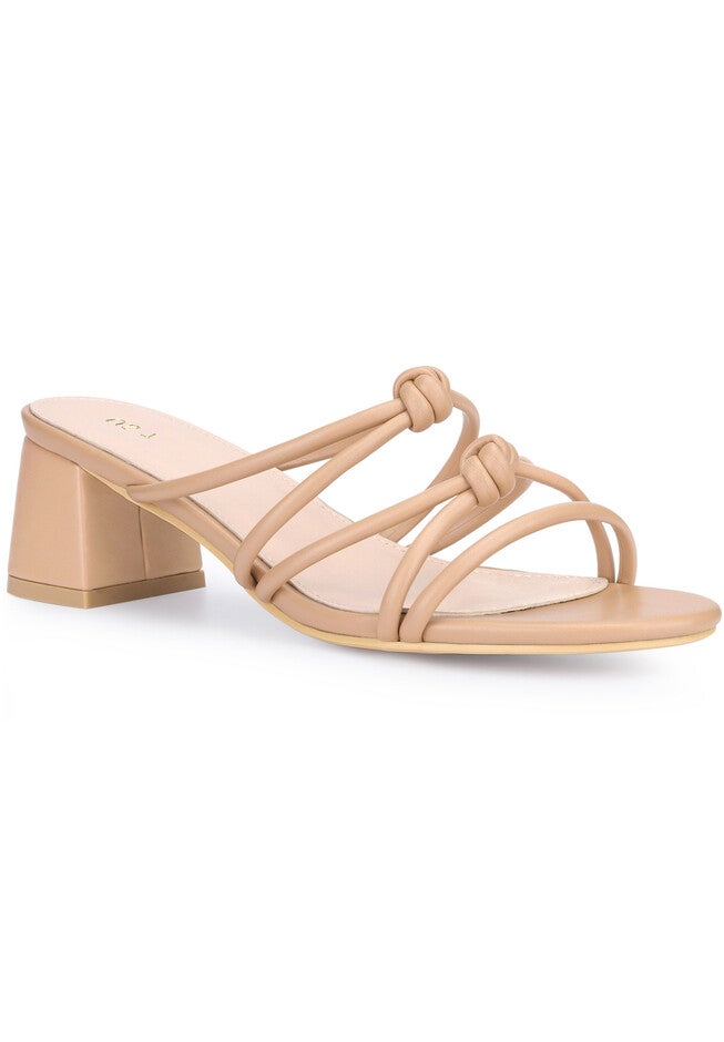 Strappy Knotted Block Heel Slide Sandals, Nude / Beige, hi-res image number 0