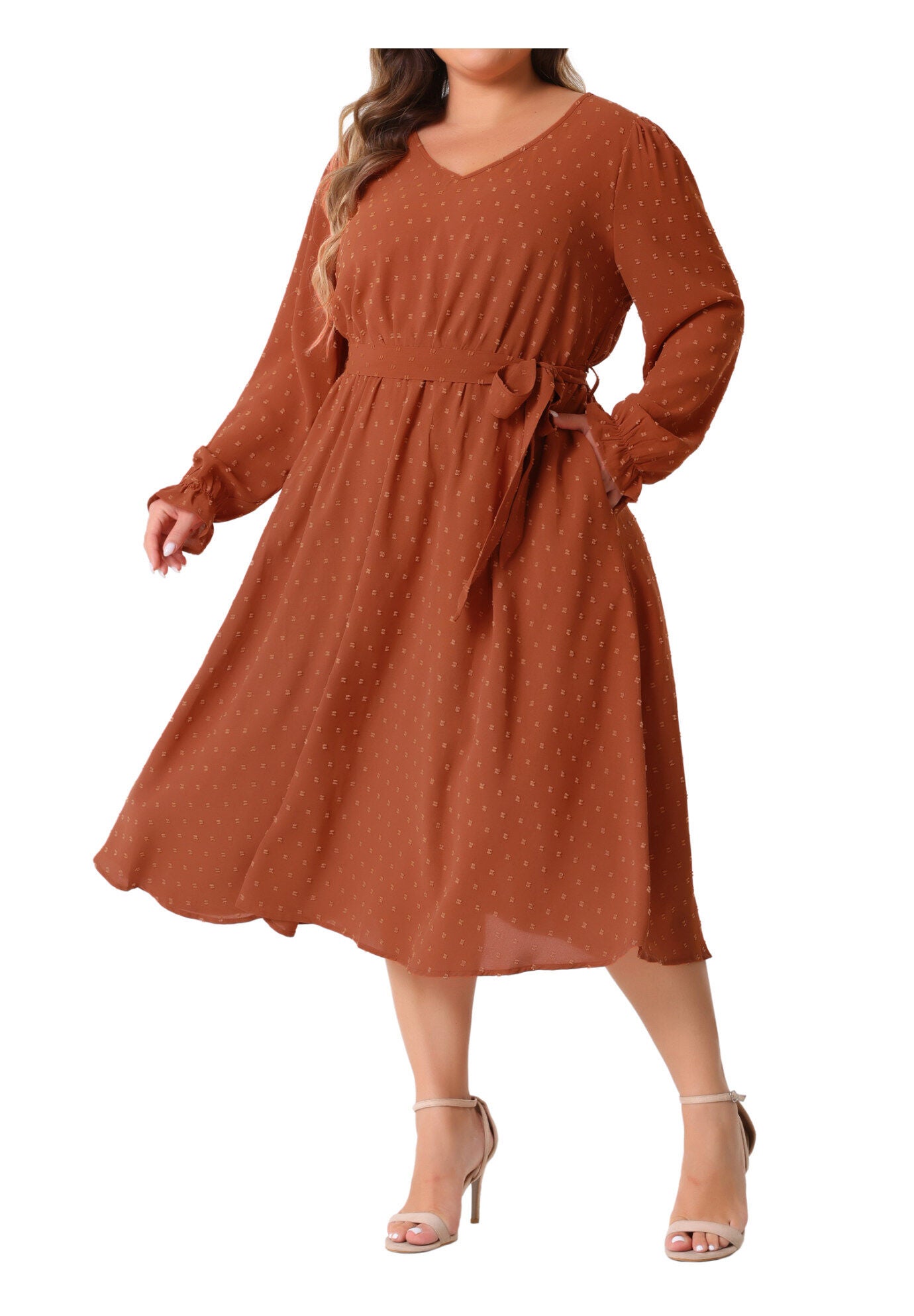 Swiss Dot V Neck Tie Belt A Line Flowy Midi Dresses with Pockets, Orange / Orange, alternate image number 2