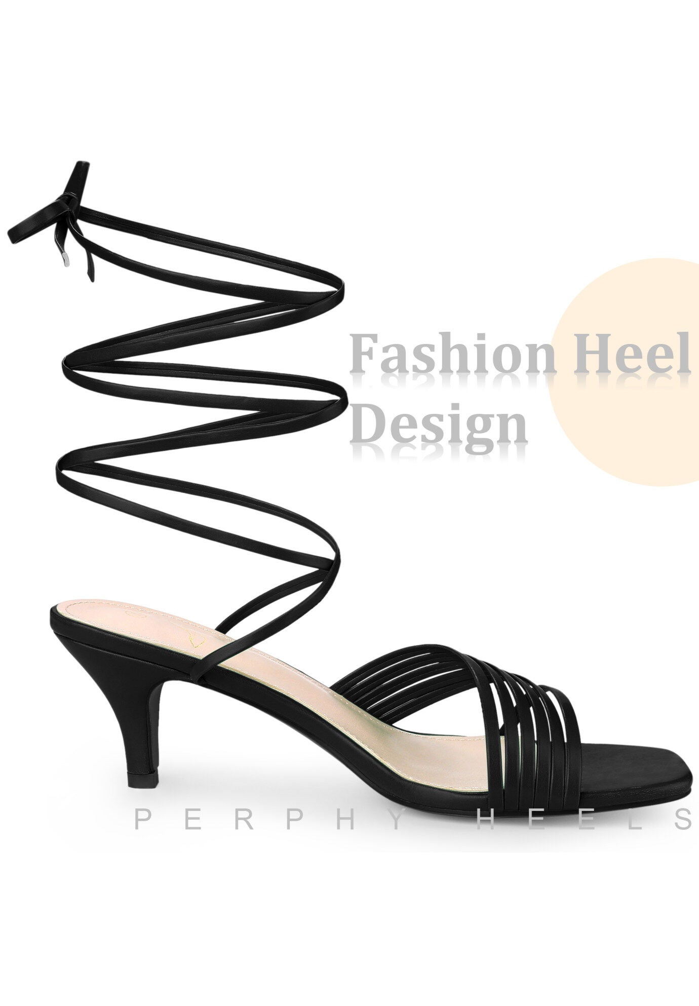 Lace Up Square Toe Strappy Kitten Heels Sandals, Black / Black, alternate image number 3