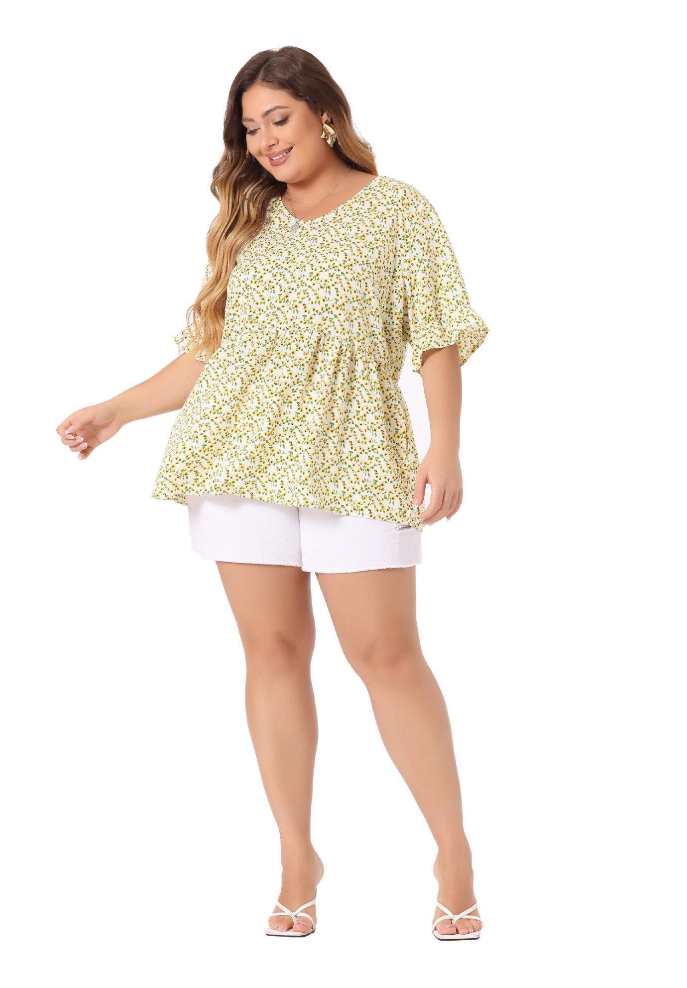 Floral Peplum Top V Neck Ruffle Short Sleeve Babydoll Blouse, Light Yellow / Light Yellow, hi-res image number 0