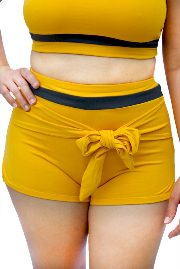 Moe tie-front vintage inspired swim short, Mustard Yellow and Dark Grey / Mustard, alternate image number null
