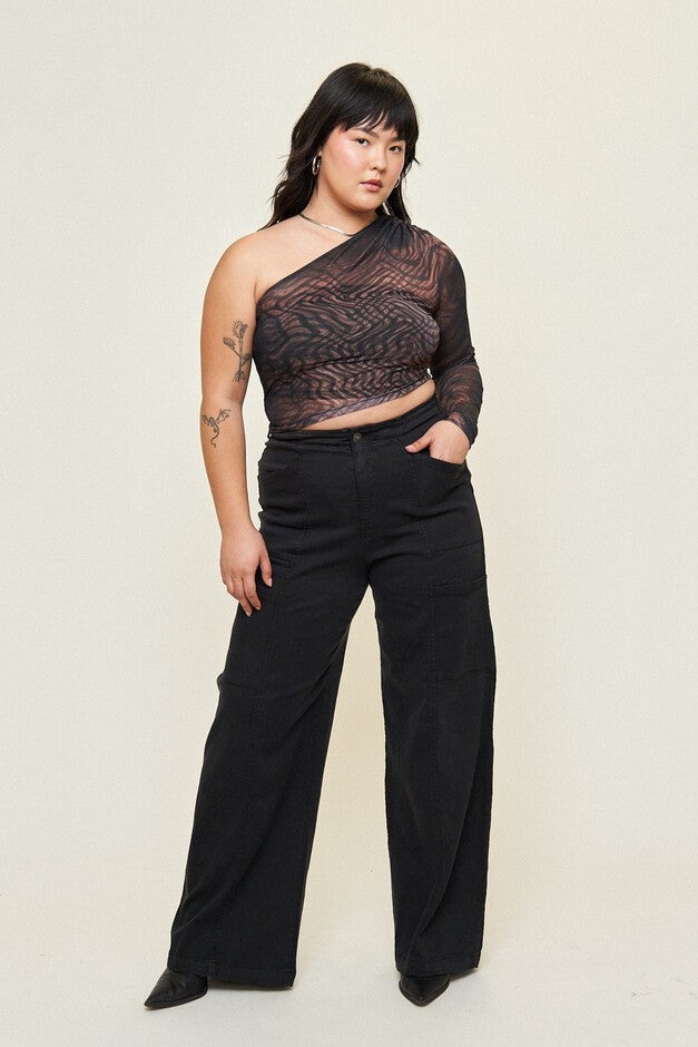 Kendall Mesh Asymmetrical Top, Distorted Plaid / Brown, alternate image number 1
