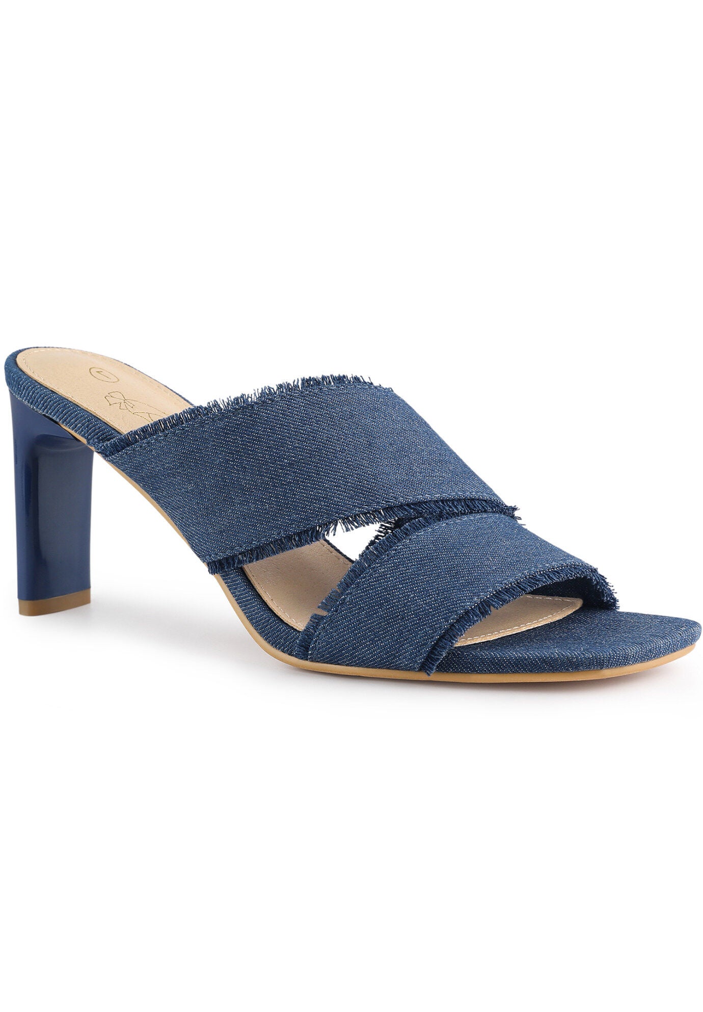 Denim Sandals Chunky Heels Slides Mules, Blue / Navy, hi-res image number 0