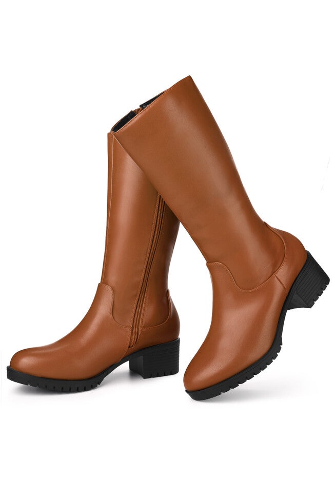 Riding Combat Boot Round Toe Chunky Heels Mid Calf Boots, Brown / Brown, alternate image number 3