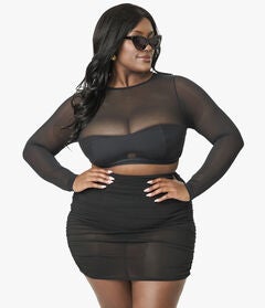 Unique Vintage Plus Size Black Mesh Long Sleeve Swim Top