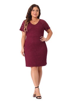 V NECK SHORT SLEEVE COCKTAIL WEDDING GUEST BODYCON LACE PENCIL DRESS