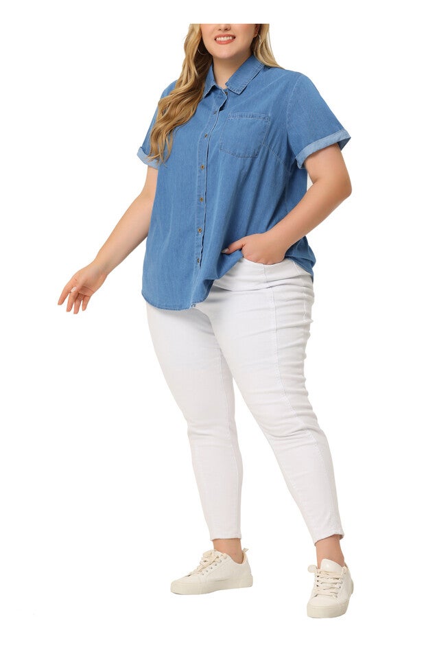 Roll Sleeve Chambray Button Down Denim Shirt, Blue / Chambray Denim Medium, alternate image number null