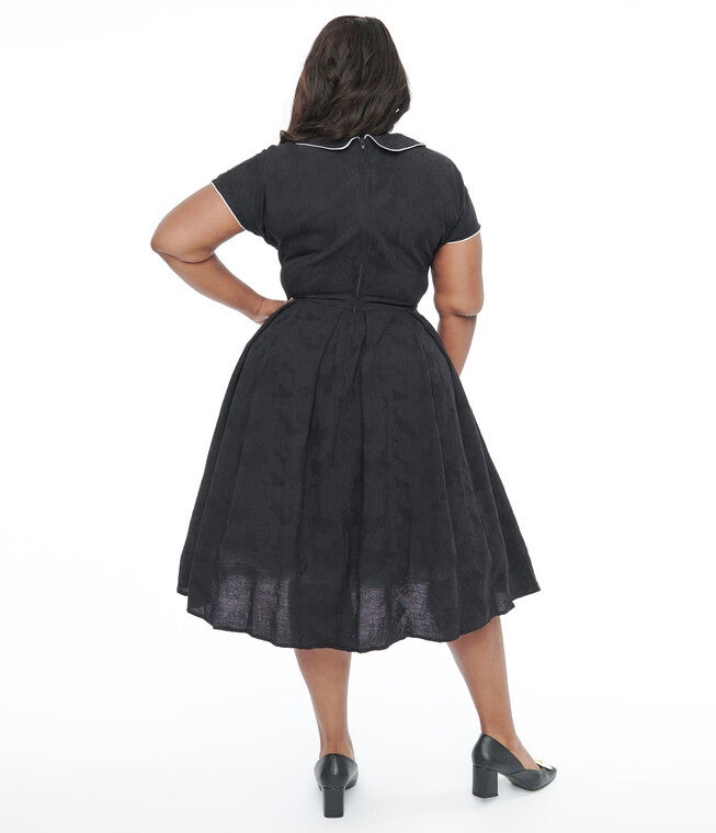 Unique Vintage 1950s Black & Ivory Polka Dot Bow Cotton Swing Dress, Black / Black, alternate image number 2