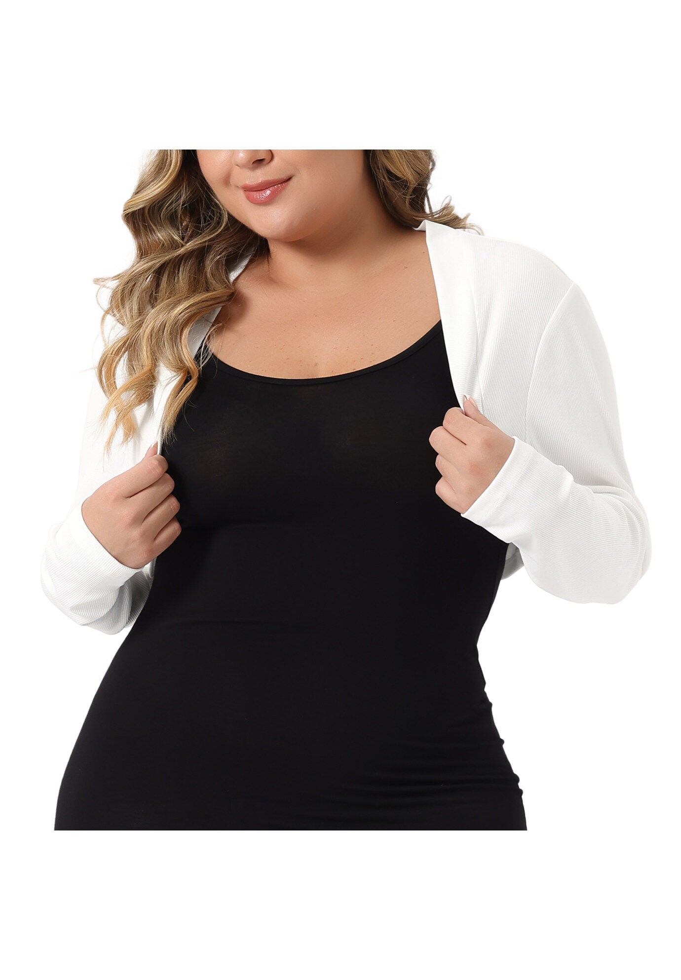 CROPPED LONG SLEEVE OPEN FRONT BOLERO SHRUG, White / White, alternate image number 2
