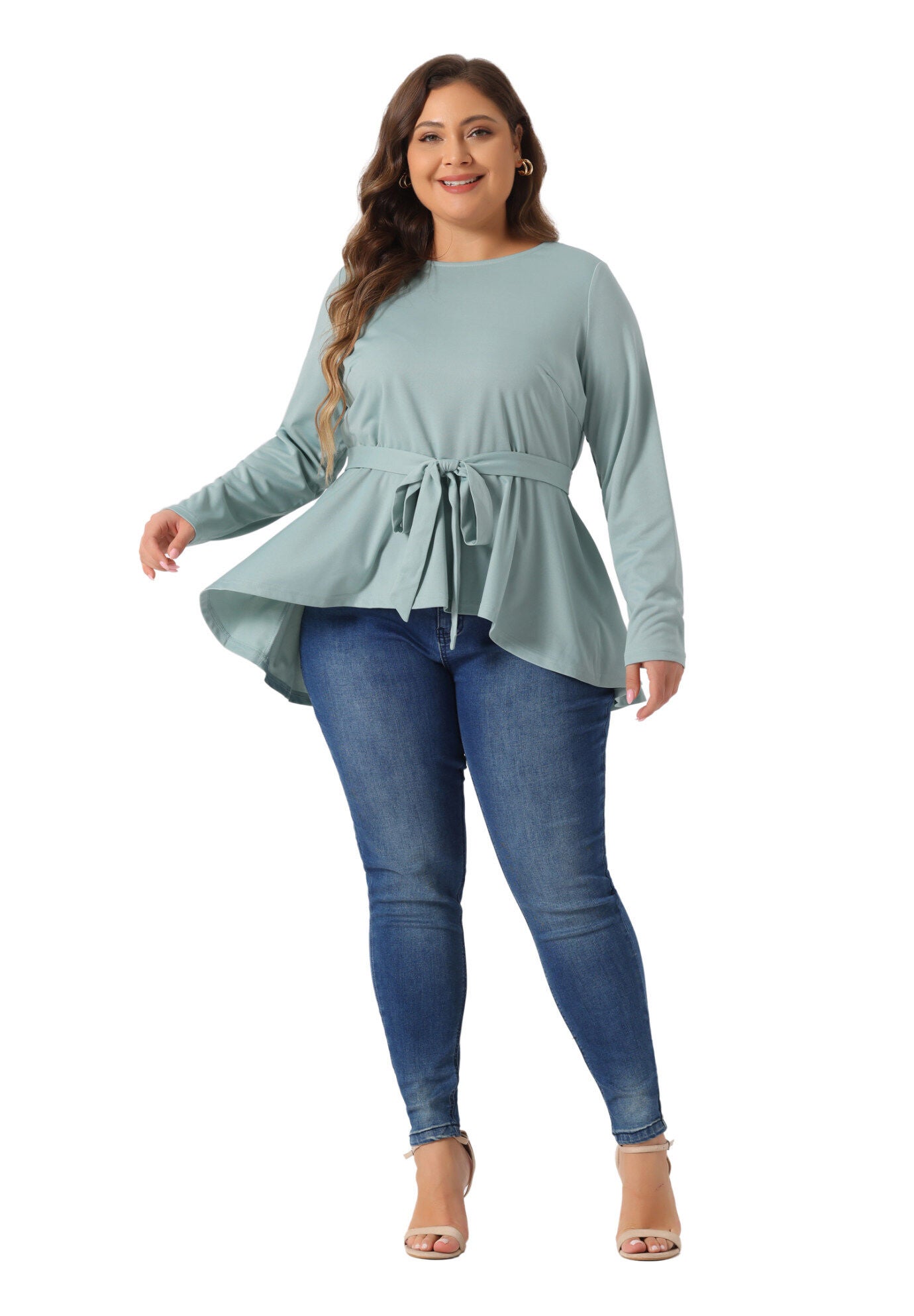 Crew Neck High Low Asymmetrical Irregular Hem Blouse T-Shirt with Belt, Gray Green / Mint, hi-res image number 0