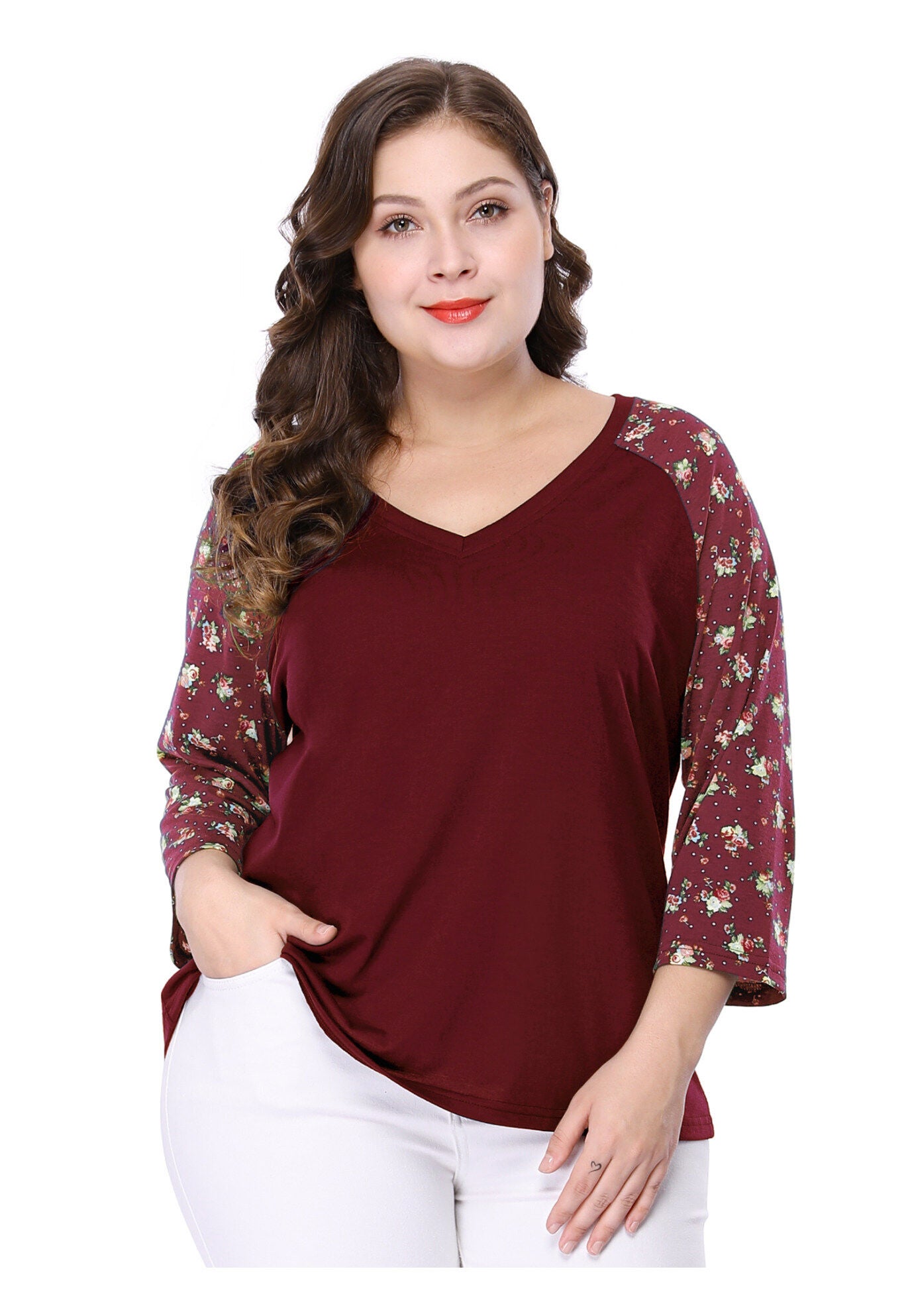 Casual V Neck 3/4 Sleeve Floral Raglan Top, Red / Red, alternate image number 3