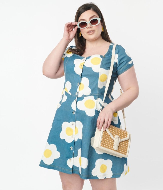 Unique Vintage Plus Size Blue Denim & Egg Flower Print Fit & Flare Dress, Tealegg print / Teal, alternate image number 1