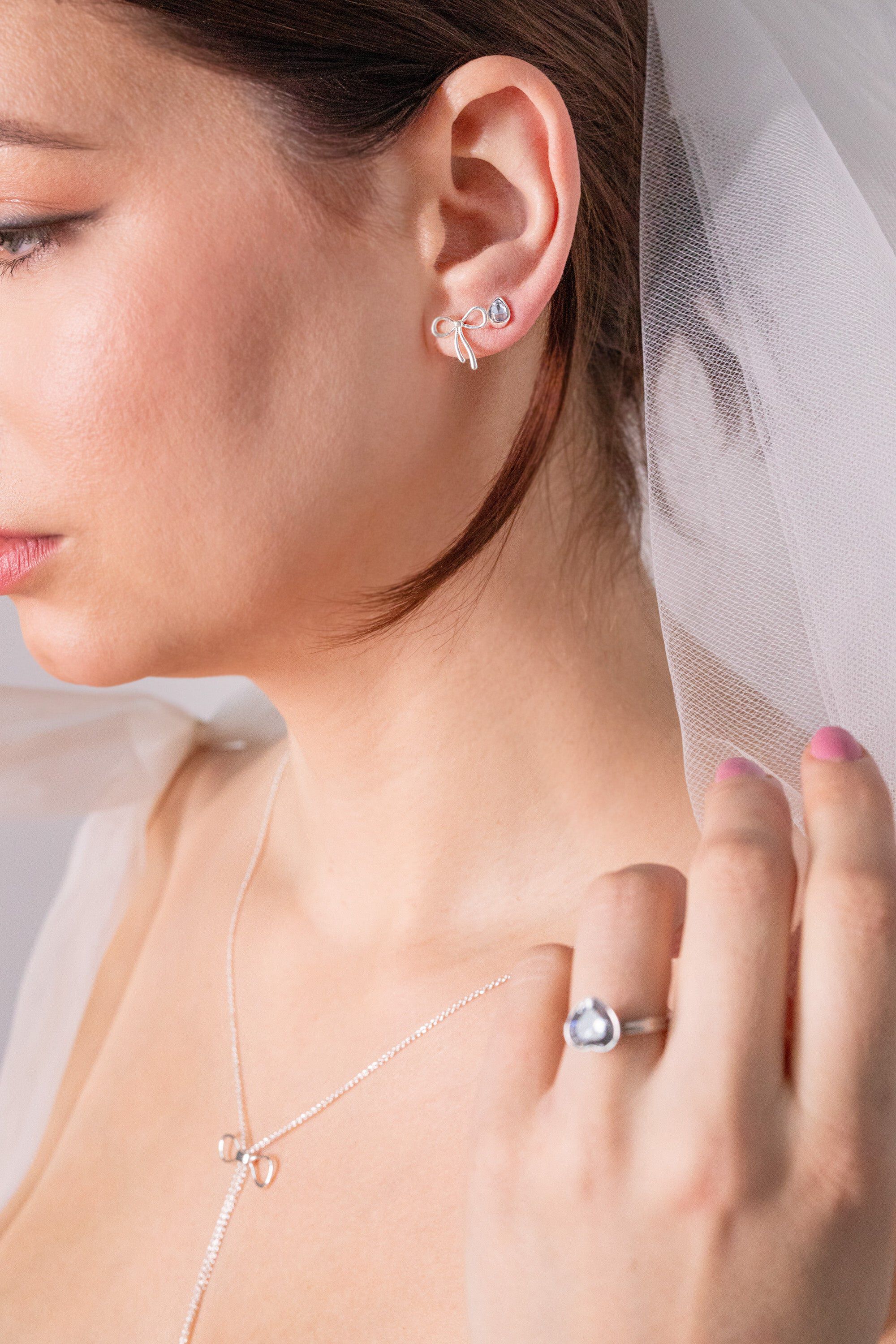 Bow & Teardrop Stud Earring Set, Silver / Silver, alternate image number 1