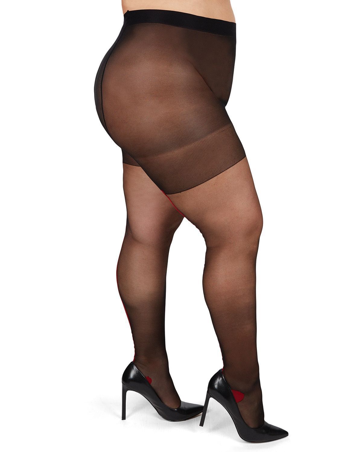 Back Seam/Cuban Heel Plus Size Curvy Control Top Pantyhose, BlackRed / Red, hi-res image number 0