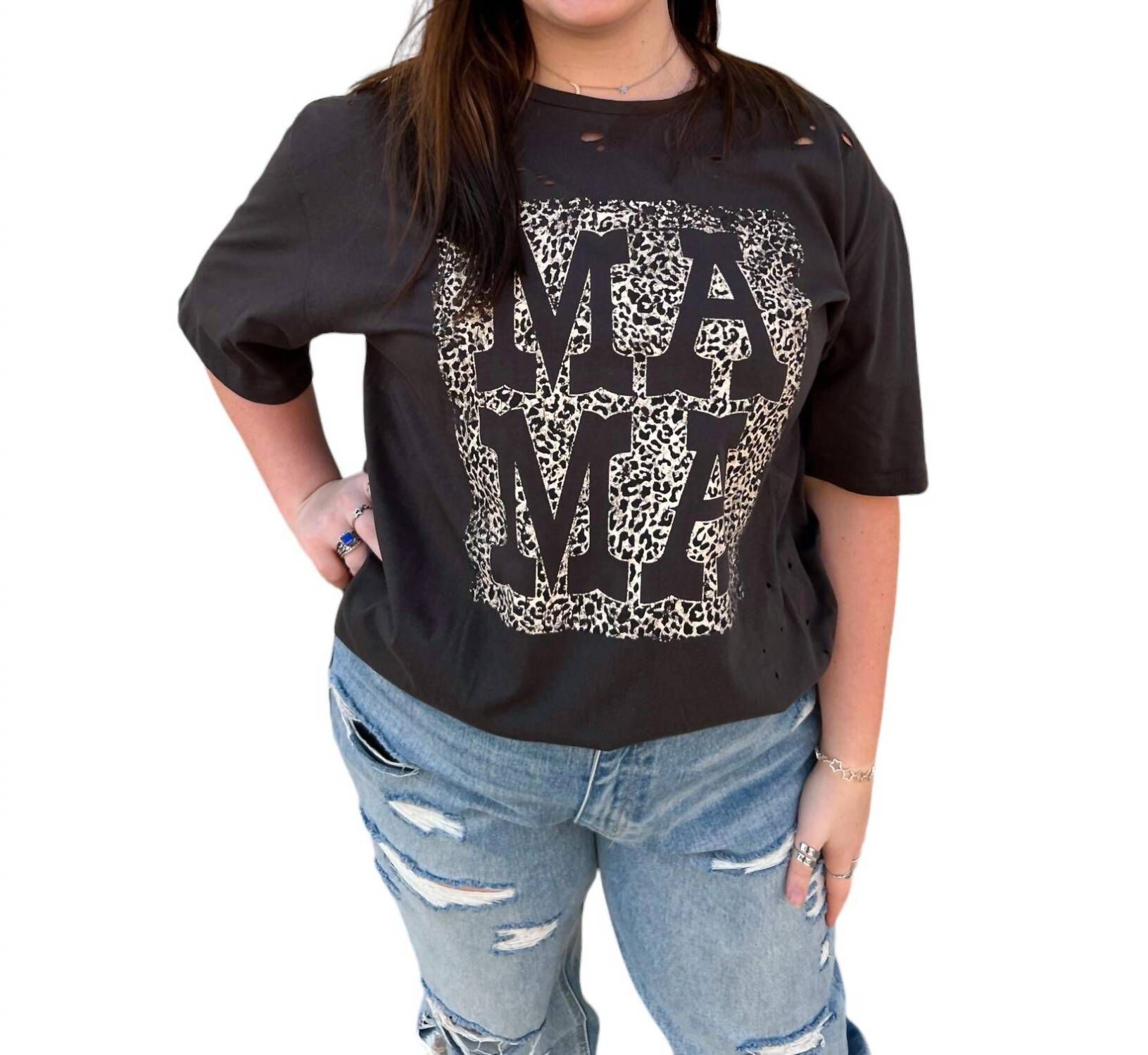 MAMA DISTRESSED ROCKER TEE IN BLACK, Black / Black, hi-res image number 0