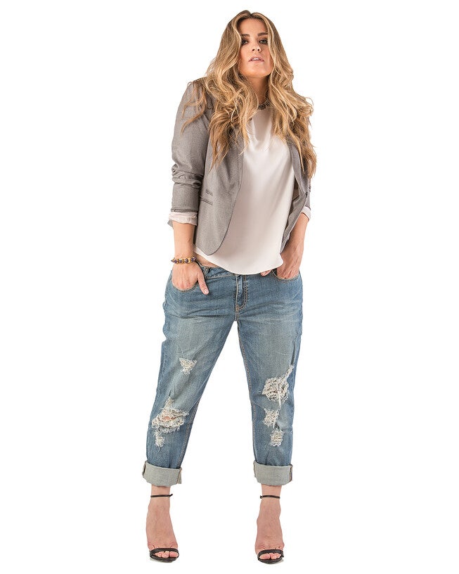 Medium Indigo Wash Low Rise Skinny Destroyed Boyfriend Jeans, , alternate image number 7