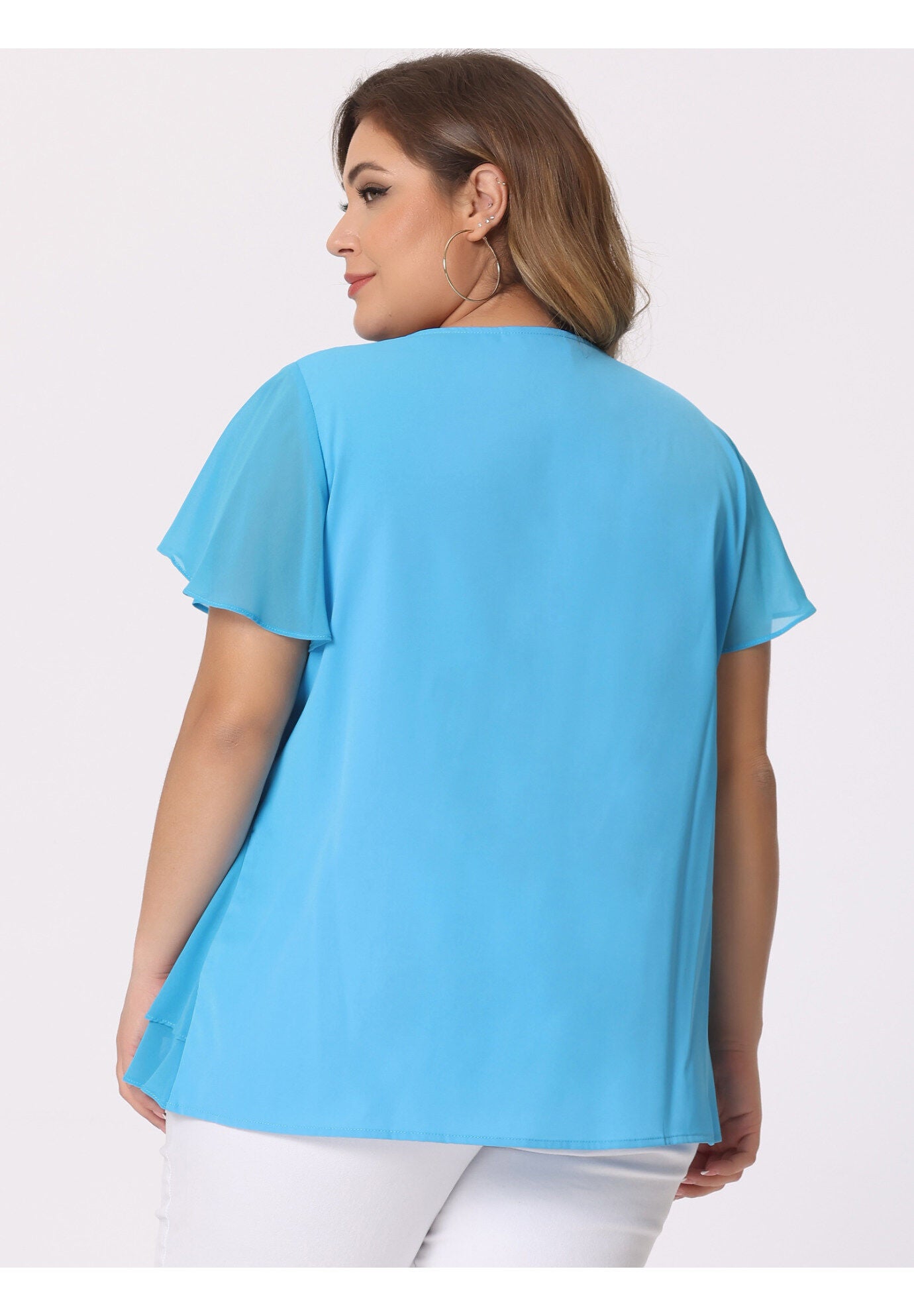 Flutter Sleeves Blouse V Neck Layer Chiffon Ruffle Top, Blue / Azure Blue, alternate image number 3