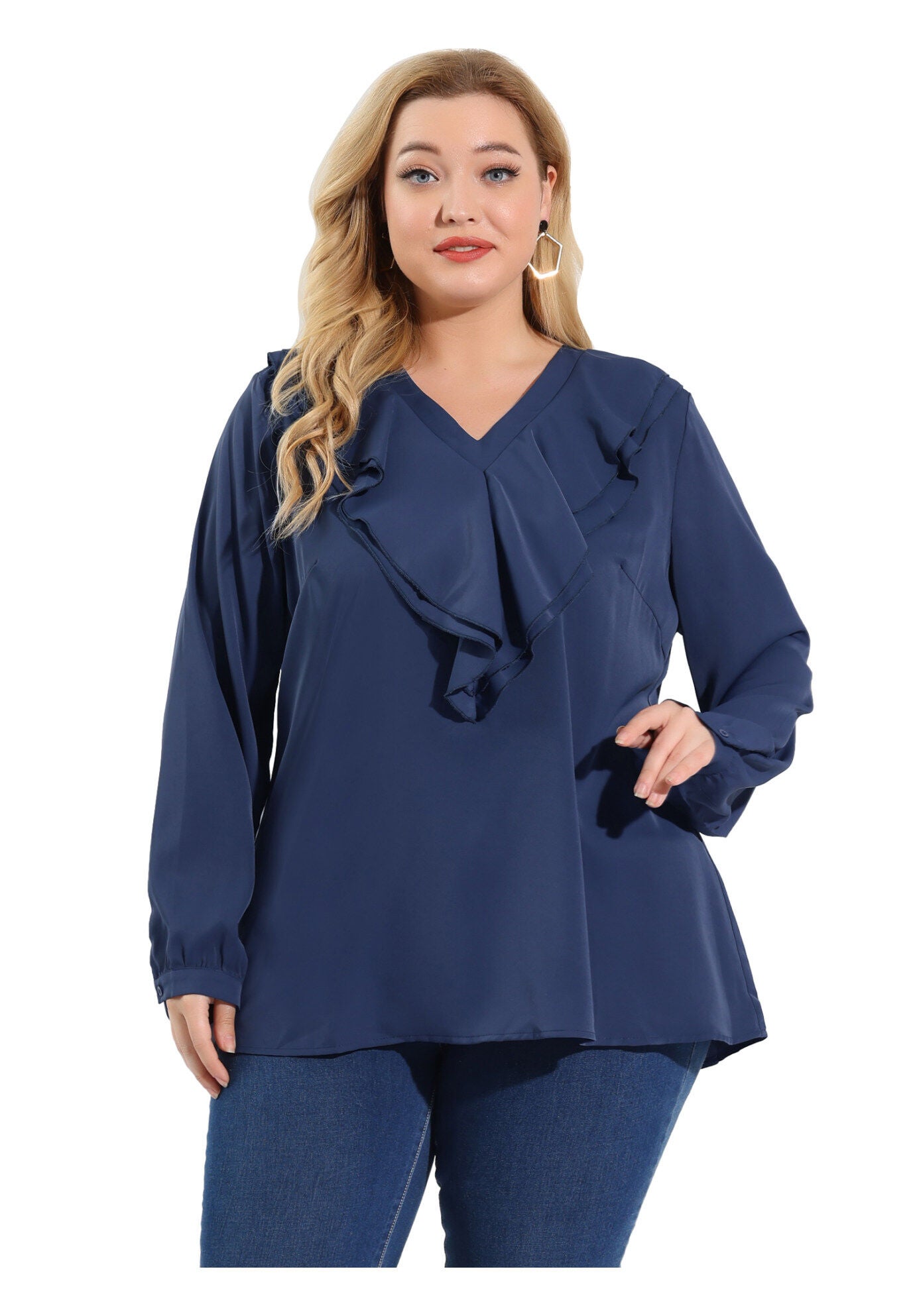 RUFFLE BLOUSE CHIFFON V NECK LONG SLEEVE SHIRT TOP, Navy Blue / Navy, alternate image number 2