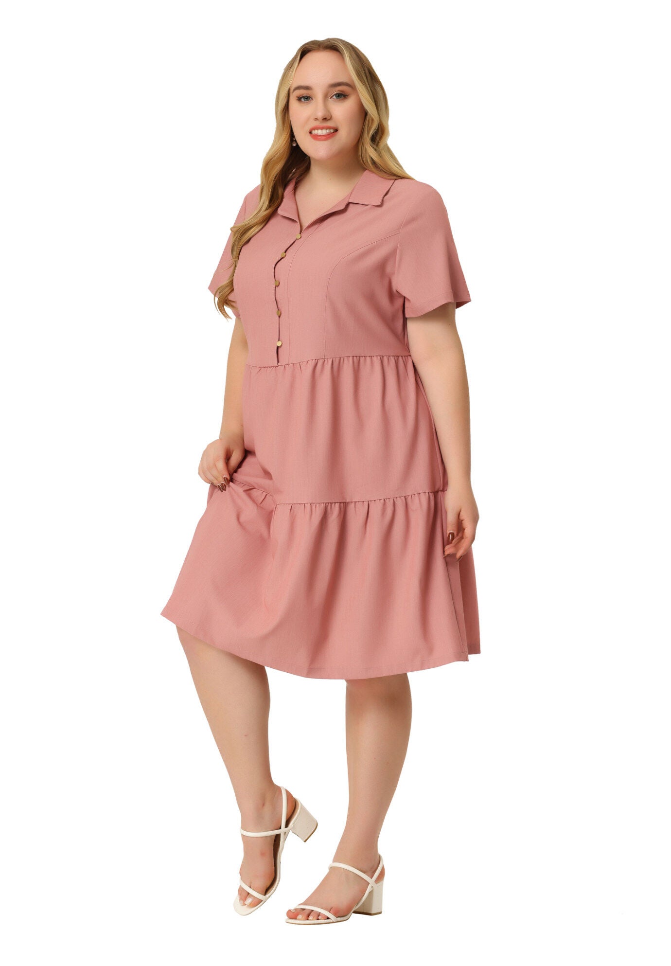 Short Sleeve Button Down Flowy Tiered Shirt Chambray Dress, Pink / Pink, hi-res image number 0