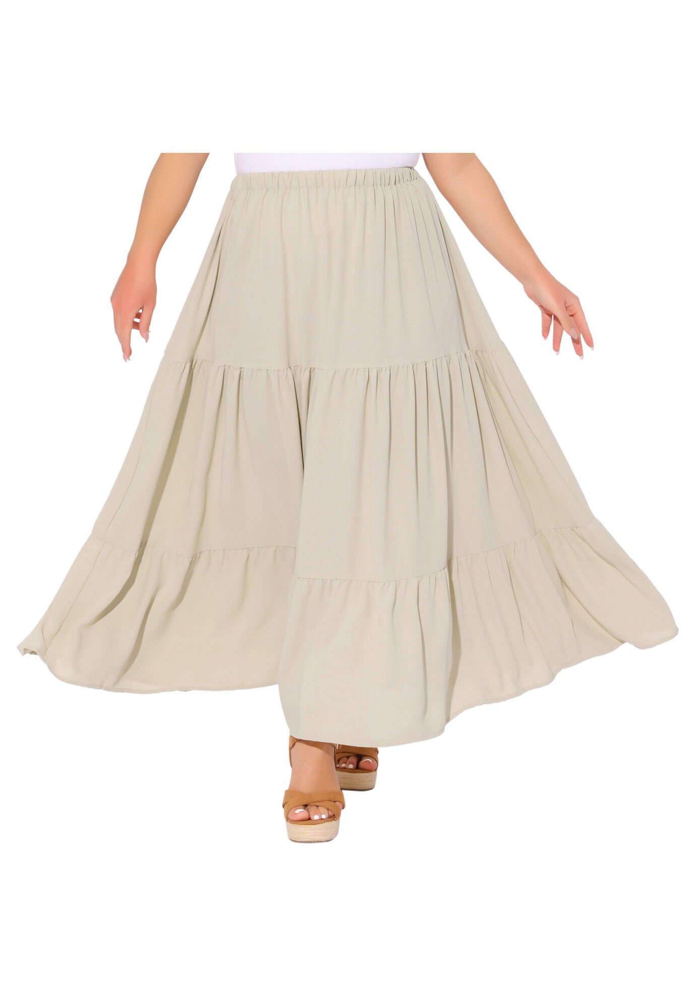 Elastic High Waist Boho Flowy A Line Long Swing Maxi Skirt, Beige / Beige, alternate image number 2