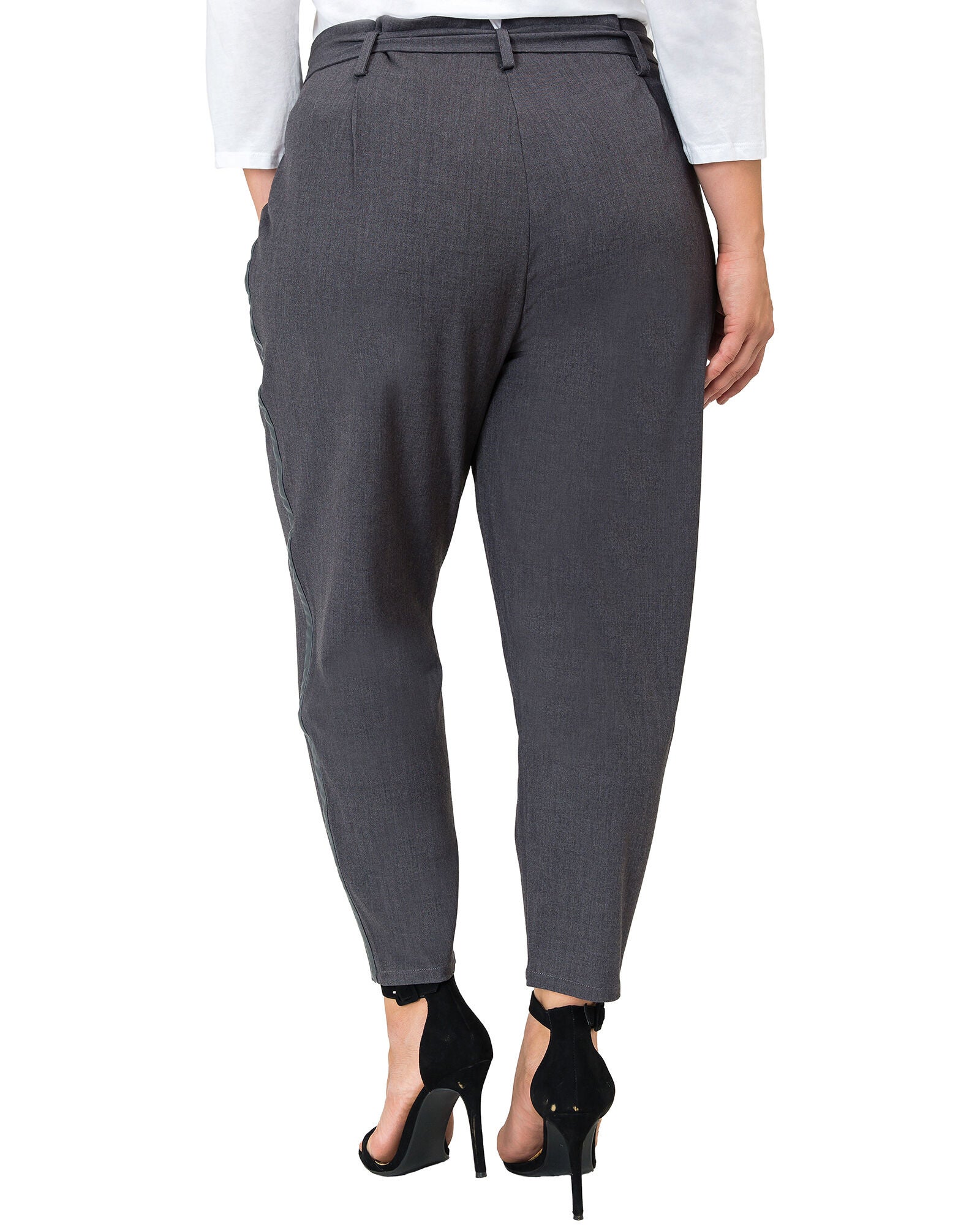 Plus Size Marina Paper Bag Waist Suiting Pants - Vegan Leather Athletic Stripe, Charcoal / Charcoal Grey, alternate image number 3