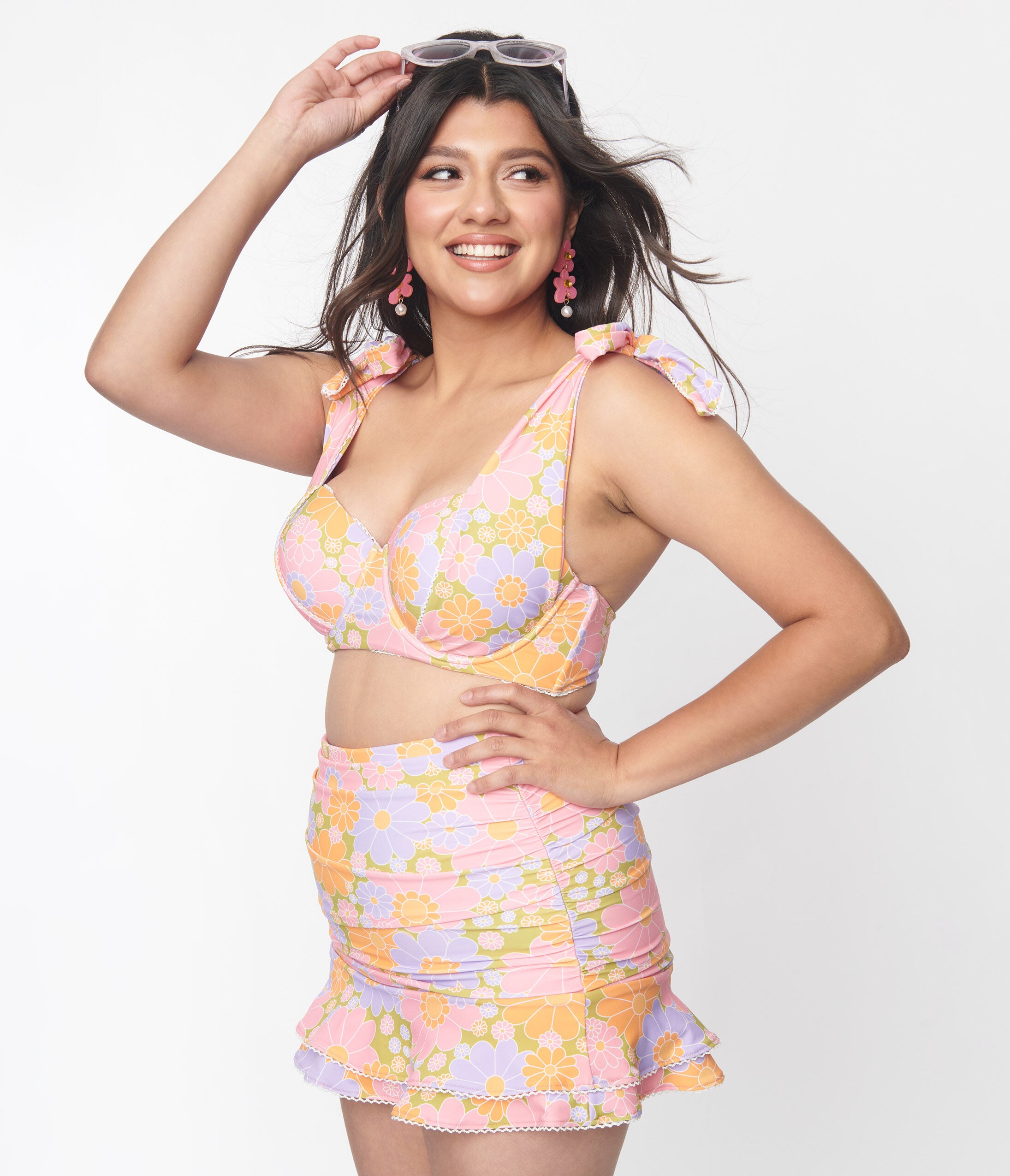 Unique Vintage Avocado & Multicolor Daisy Print Totally Tied Up Swim Top, , alternate image number 6