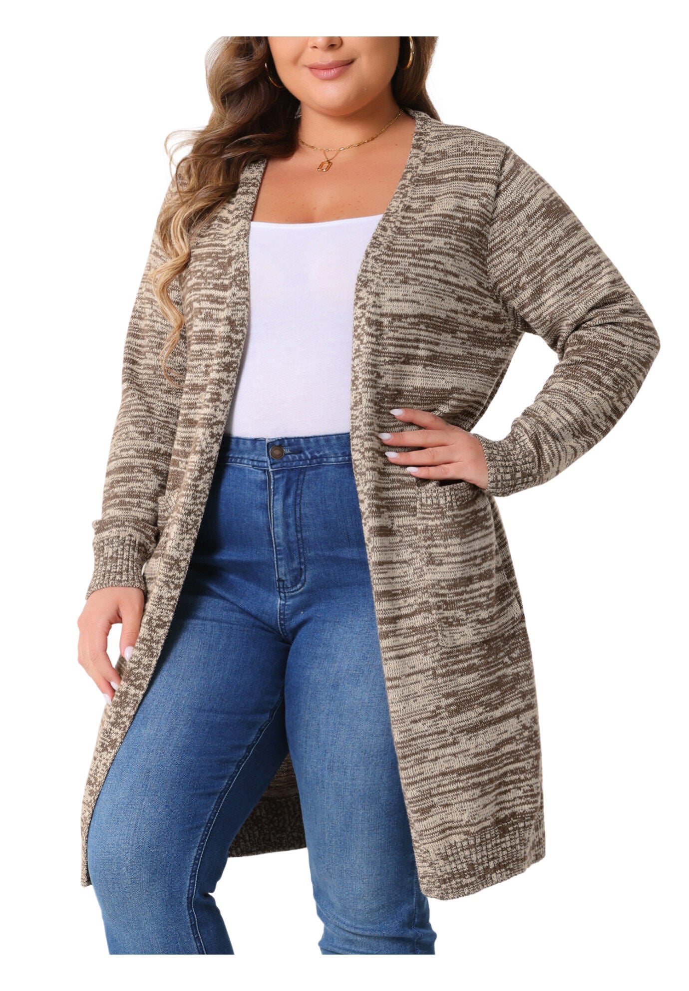 CONTRAST COLOR OPEN FRONT POCKETS SWEATER CARDIGAN, Coffee / Brown, alternate image number 2