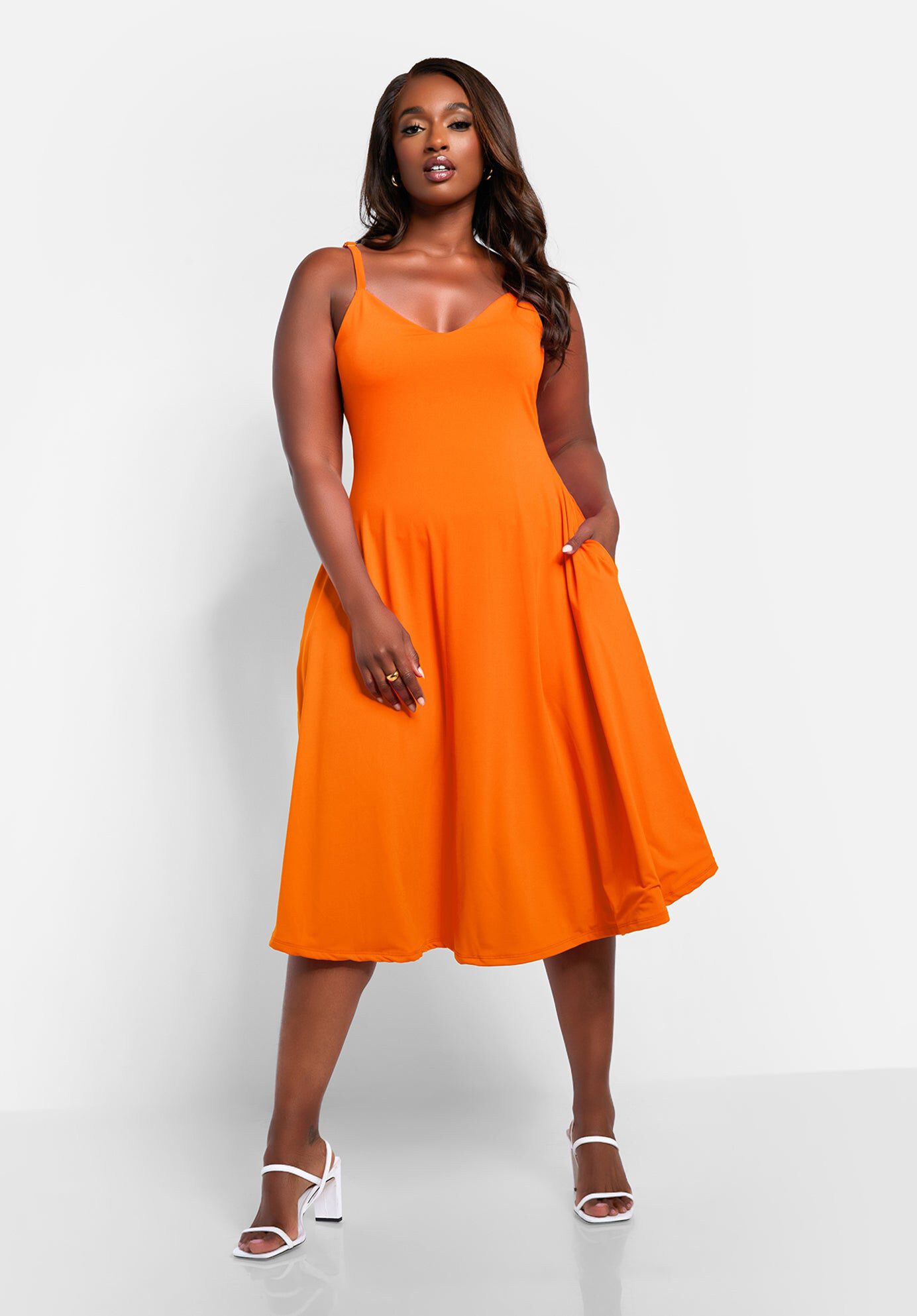 Essential V Neck Strappy Midi Skater Dress, Orange / Orange, hi-res image number 0