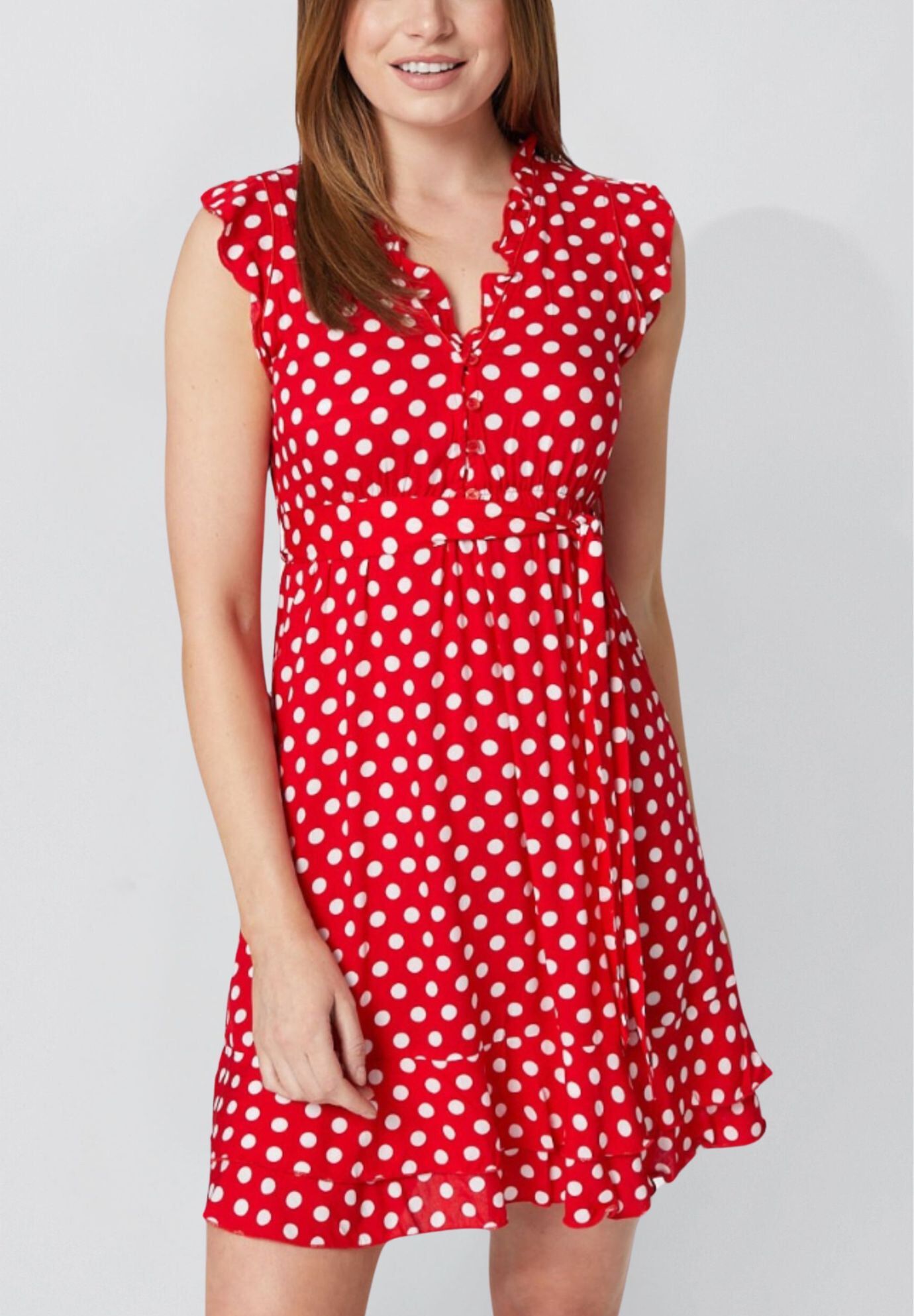 Annick - Natasha Polka Dot Short Dress with Belt, Pockets, and Ruffle Trim, Red / Red, hi-res image number 0